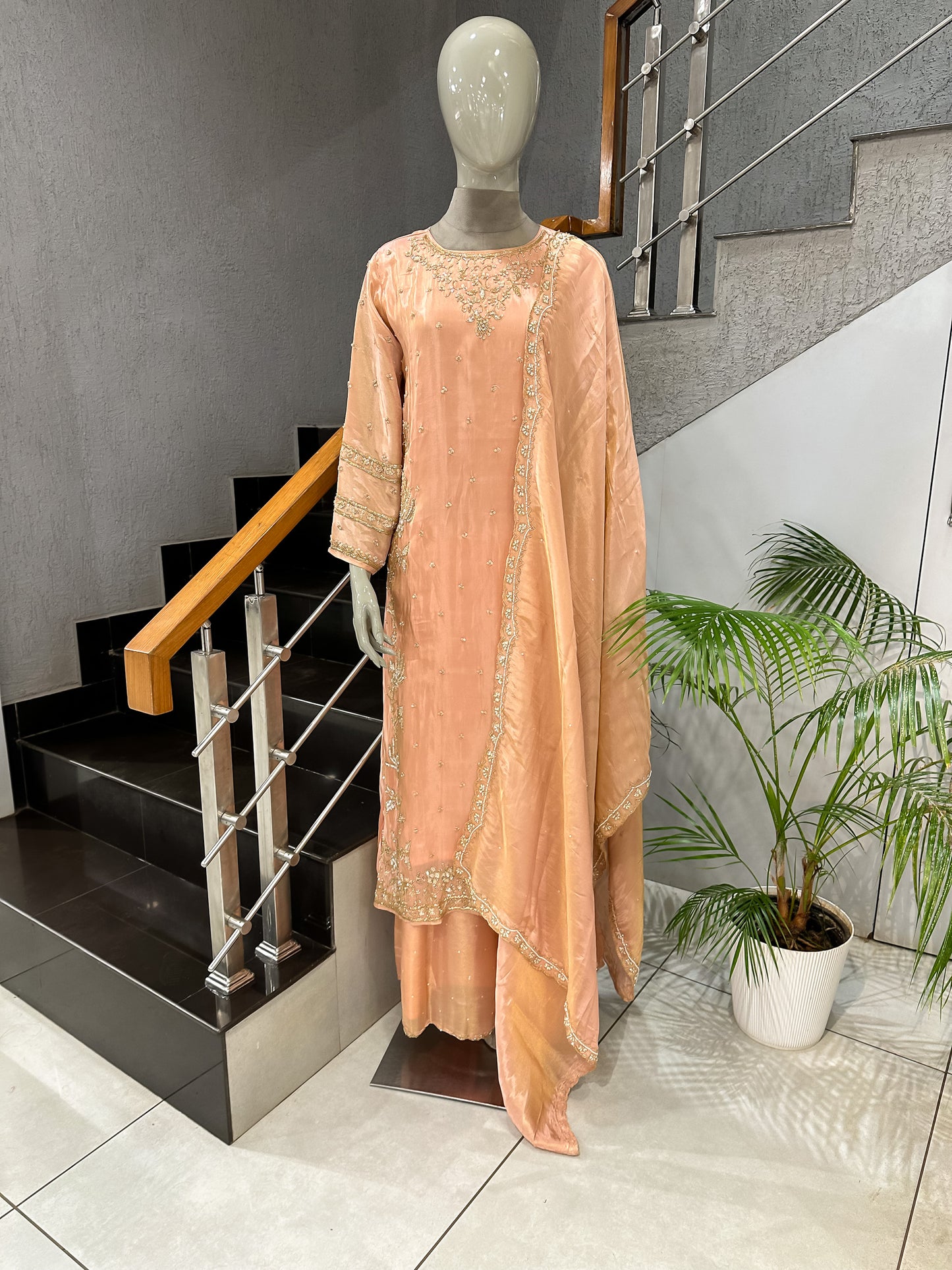 Peach Shimmer Embroidered Churidar Set with Plazo & Dupatta | Festive Party Wear