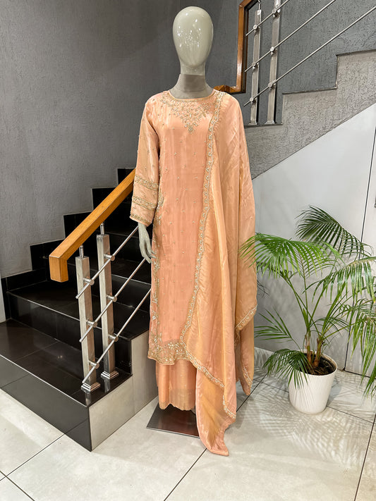 Peach Shimmer Embroidered Churidar Set with Plazo & Dupatta | Festive Party Wear