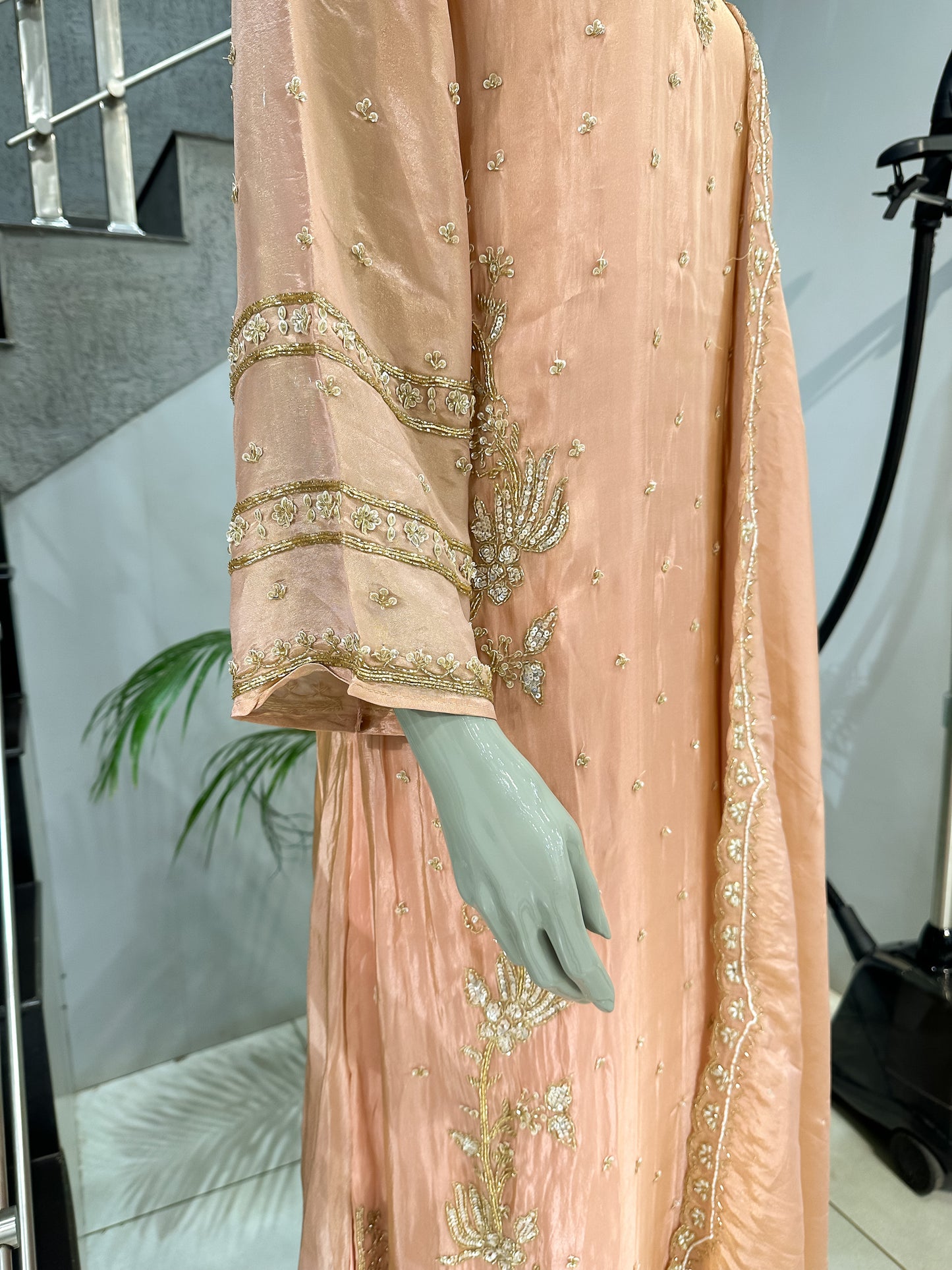 Peach Shimmer Embroidered Churidar Set with Plazo & Dupatta | Festive Party Wear