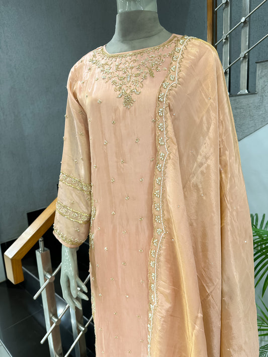Peach Shimmer Embroidered Churidar Set with Plazo & Dupatta | Festive Party Wear