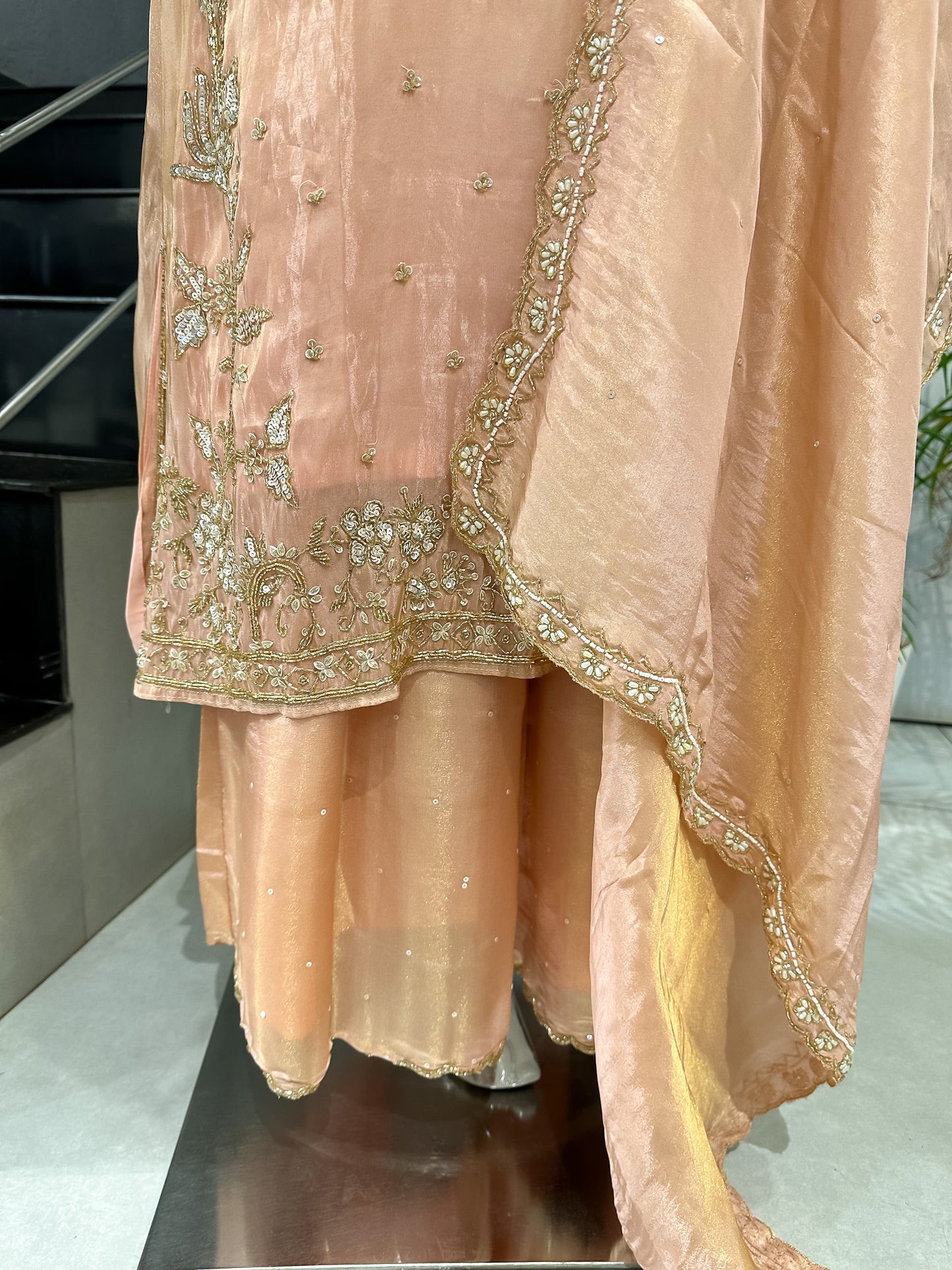 Peach Shimmer Embroidered Churidar Set with Plazo & Dupatta | Festive Party Wear