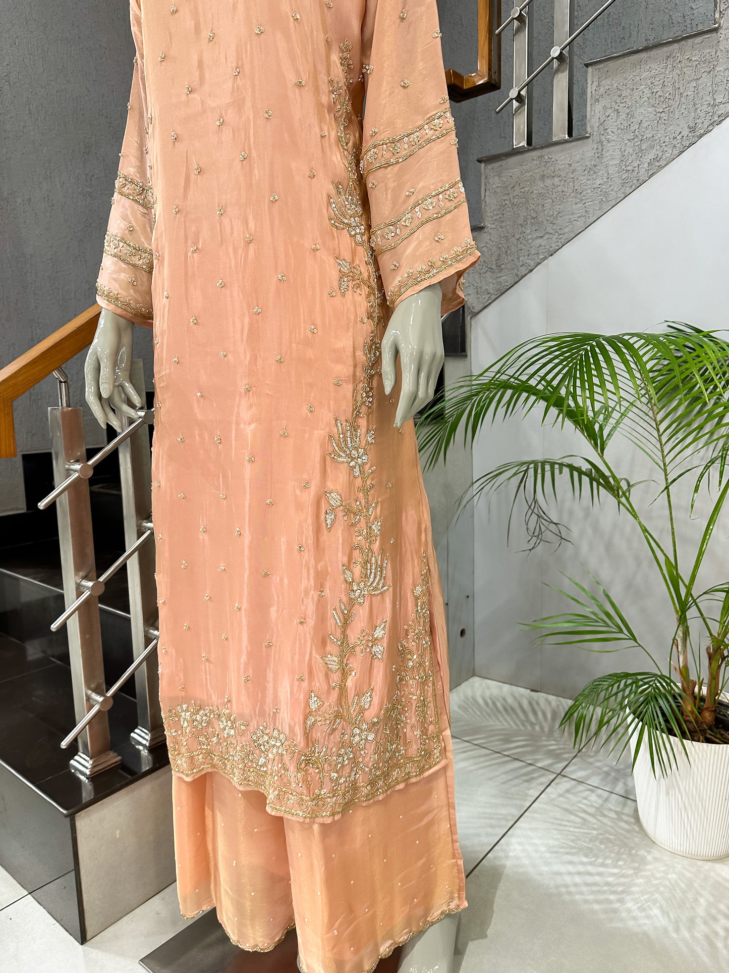 Peach Shimmer Embroidered Churidar Set with Plazo & Dupatta | Festive Party Wear