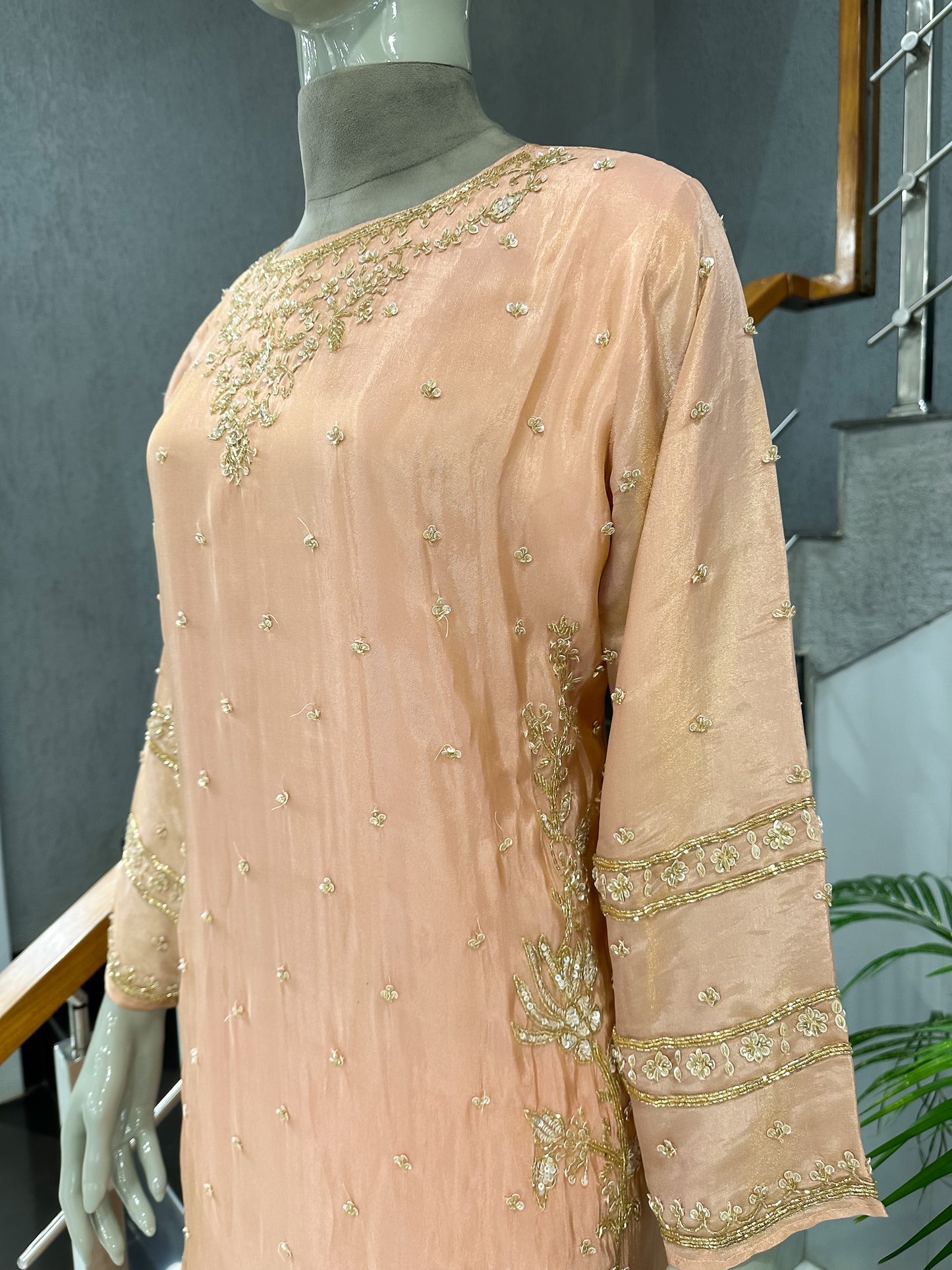 Peach Shimmer Embroidered Churidar Set with Plazo & Dupatta | Festive Party Wear