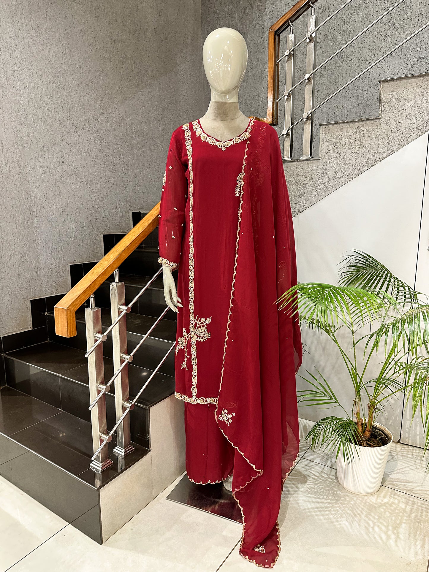 Ruby Red Organza Embroidered Churidar Set with Plazo & Scallop Dupatta | Luxury Festive Wear