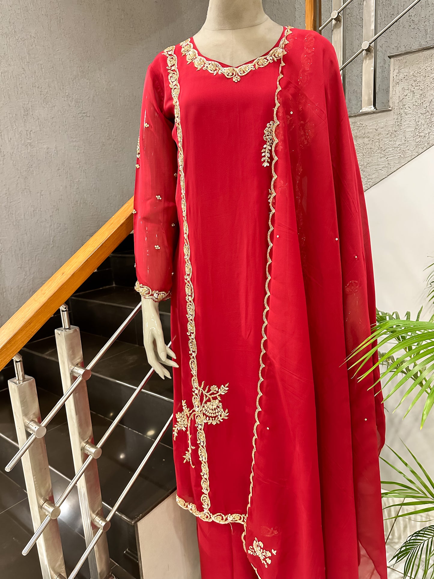 Ruby Red Organza Embroidered Churidar Set with Plazo & Scallop Dupatta | Luxury Festive Wear