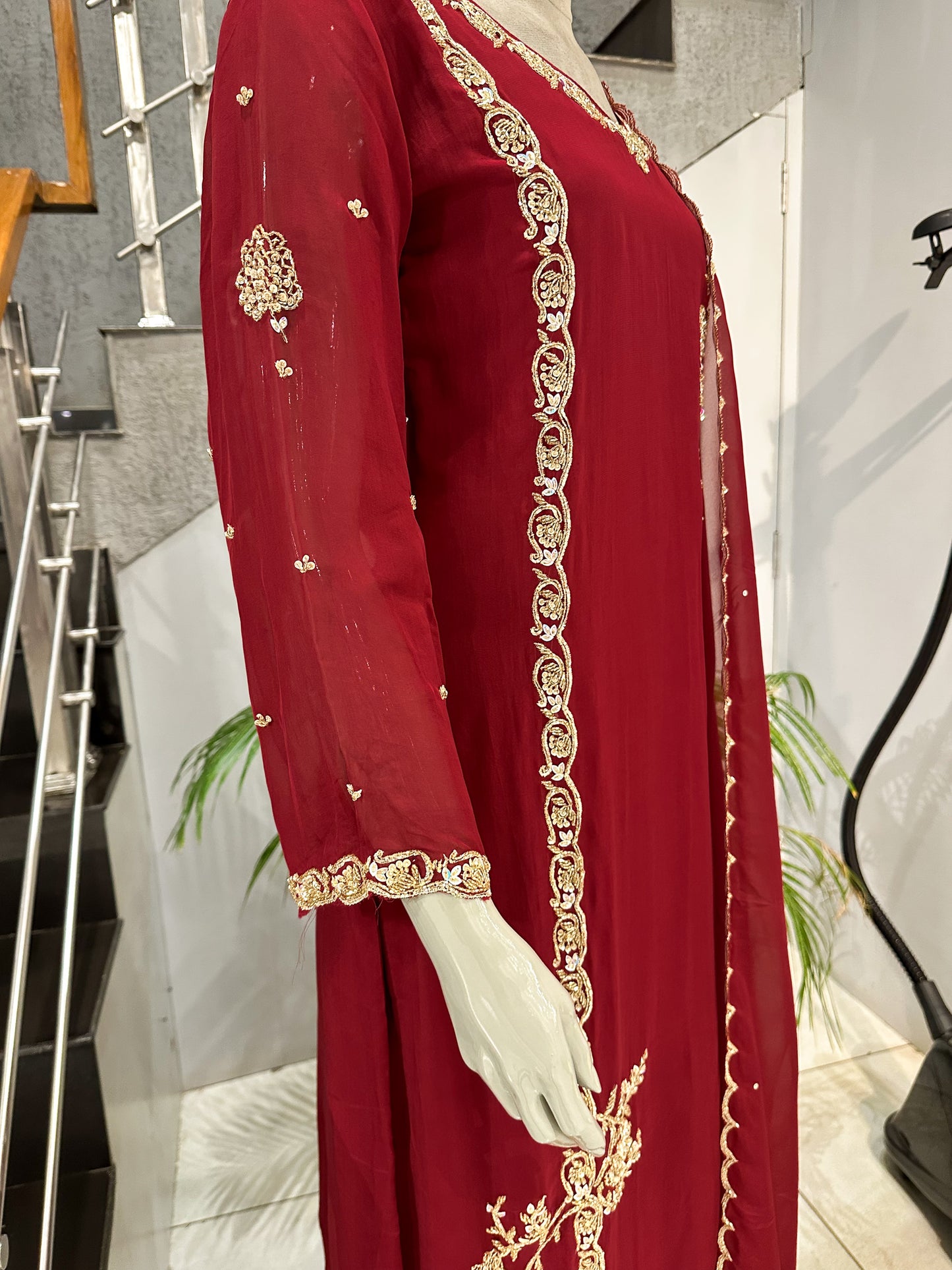 Ruby Red Organza Embroidered Churidar Set with Plazo & Scallop Dupatta | Luxury Festive Wear