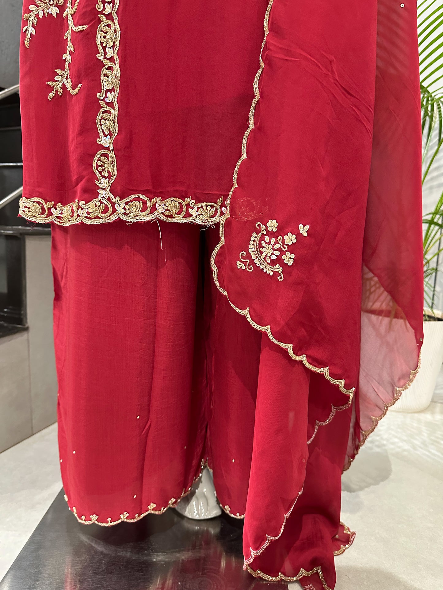 Ruby Red Organza Embroidered Churidar Set with Plazo & Scallop Dupatta | Luxury Festive Wear