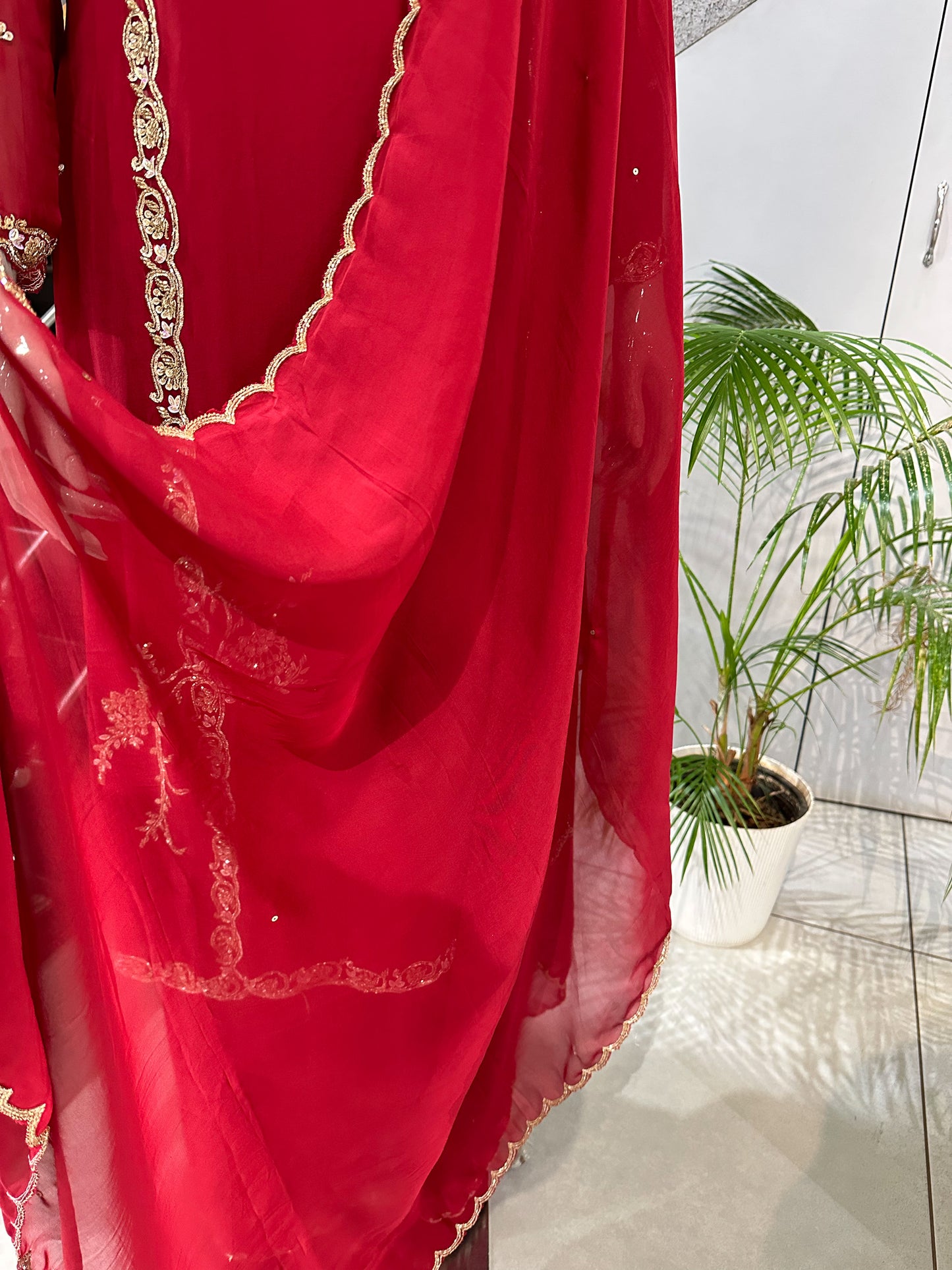Ruby Red Organza Embroidered Churidar Set with Plazo & Scallop Dupatta | Luxury Festive Wear