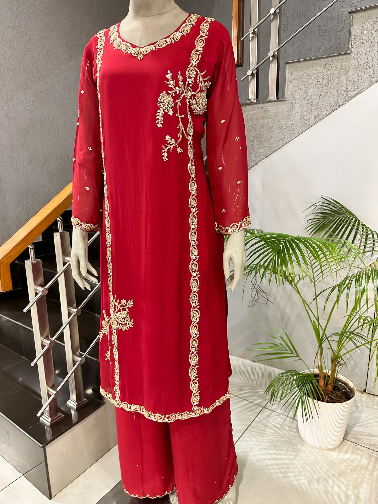 Ruby Red Organza Embroidered Churidar Set with Plazo & Scallop Dupatta | Luxury Festive Wear