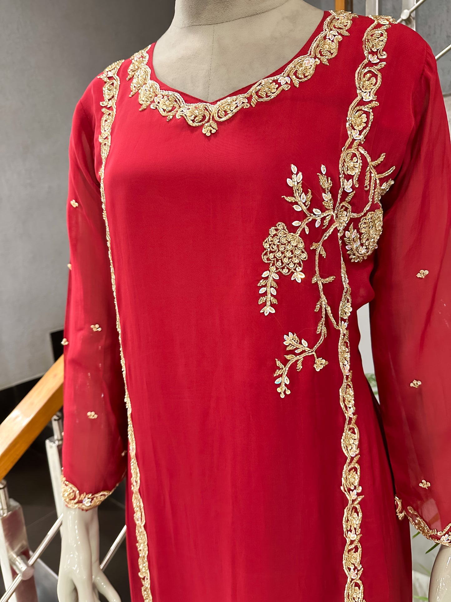 Ruby Red Organza Embroidered Churidar Set with Plazo & Scallop Dupatta | Luxury Festive Wear