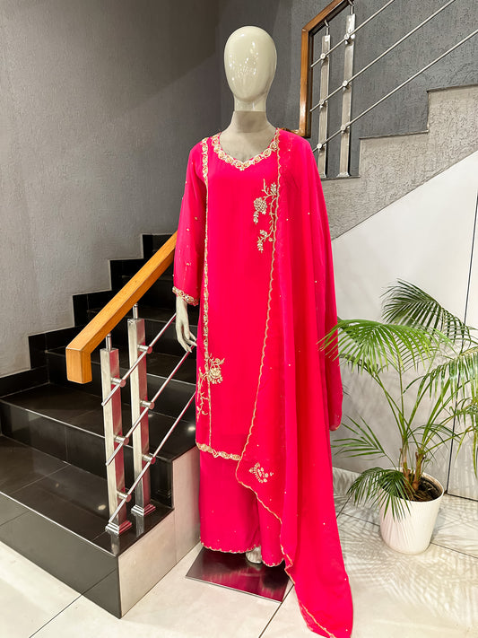 Hot Pink Organza Embroidered Churidar Set with Plazo & Scalloped Dupatta | Premium Festive Wear