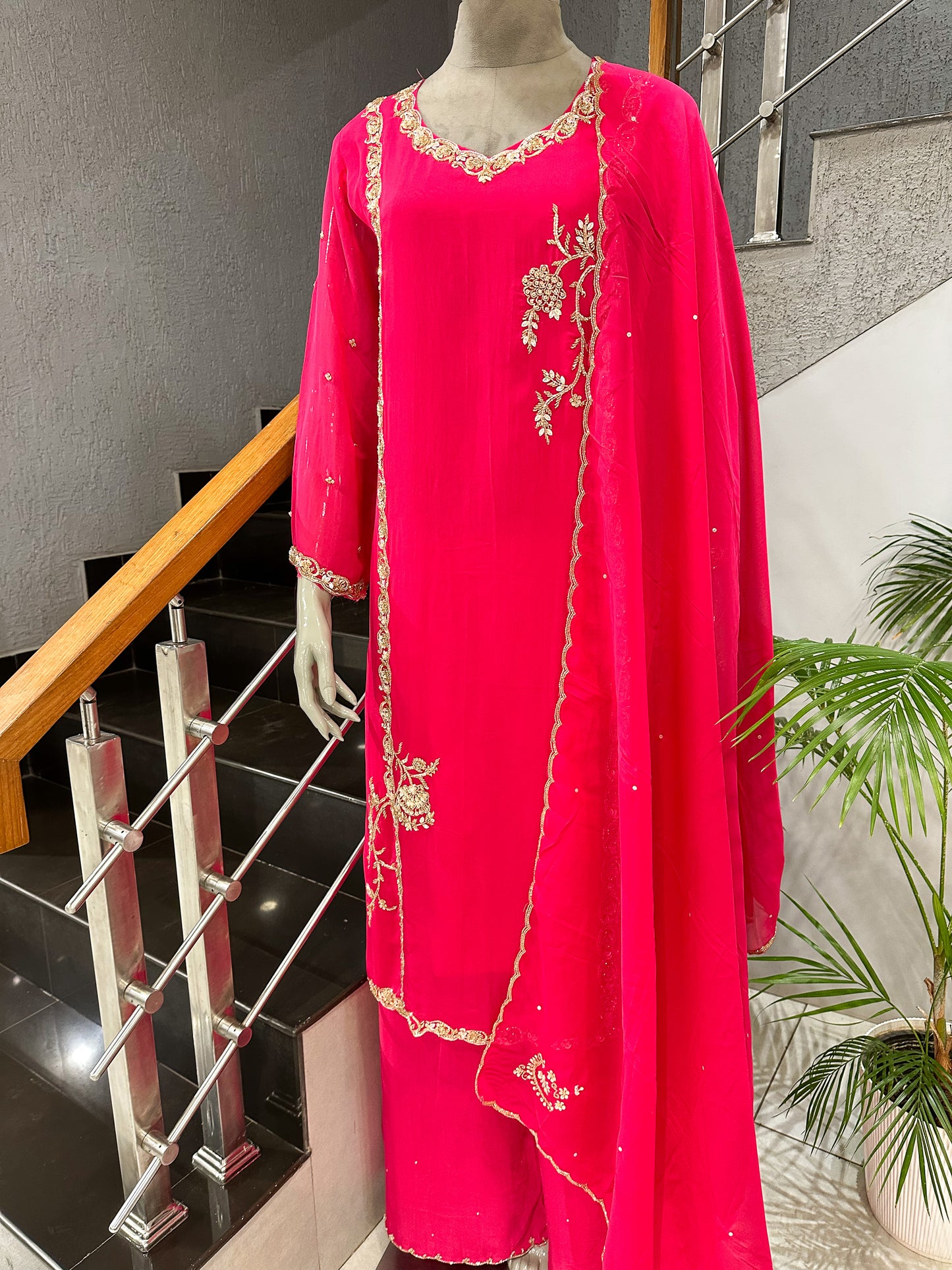 Hot Pink Organza Embroidered Churidar Set with Plazo & Scalloped Dupatta | Premium Festive Wear
