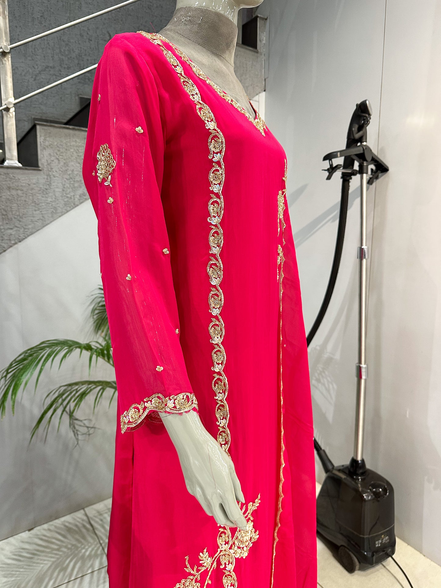 Hot Pink Organza Embroidered Churidar Set with Plazo & Scalloped Dupatta | Premium Festive Wear