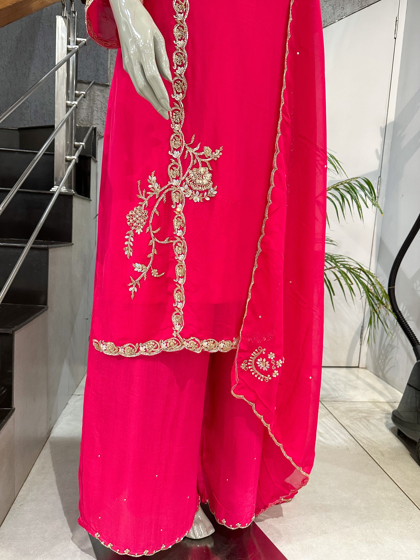 Hot Pink Organza Embroidered Churidar Set with Plazo & Scalloped Dupatta | Premium Festive Wear