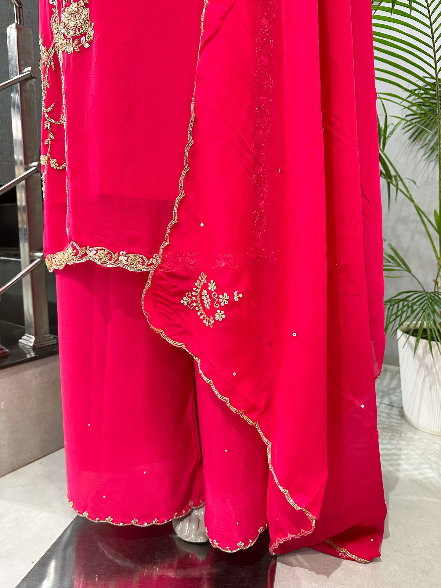 Hot Pink Organza Embroidered Churidar Set with Plazo & Scalloped Dupatta | Premium Festive Wear