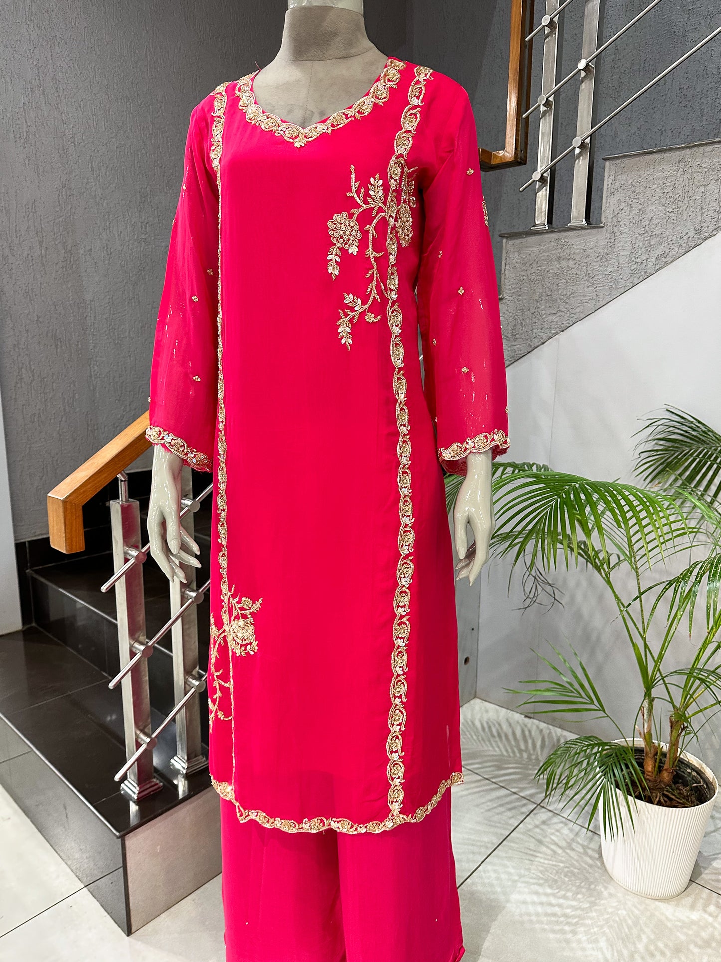 Hot Pink Organza Embroidered Churidar Set with Plazo & Scalloped Dupatta | Premium Festive Wear