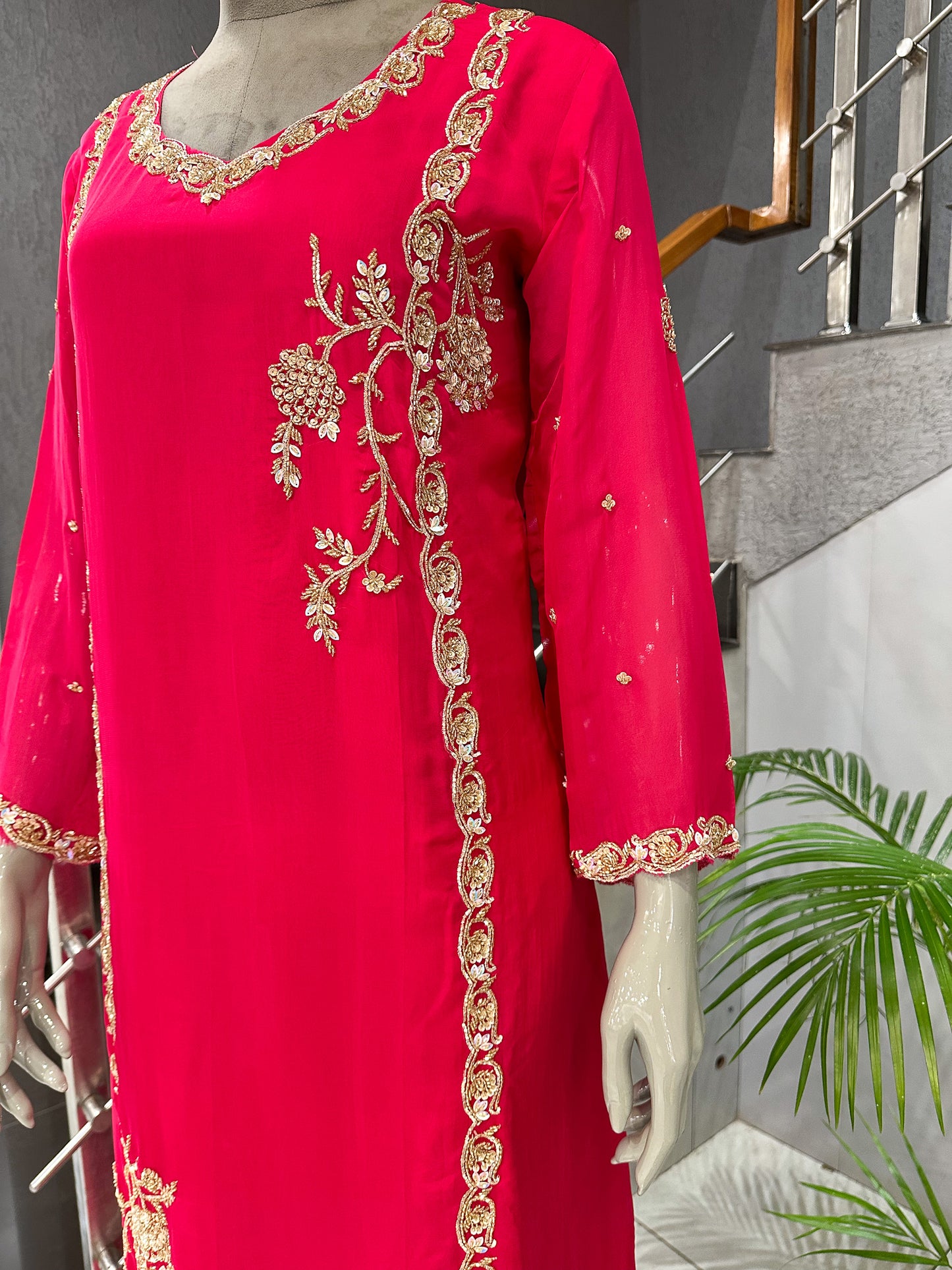 Hot Pink Organza Embroidered Churidar Set with Plazo & Scalloped Dupatta | Premium Festive Wear