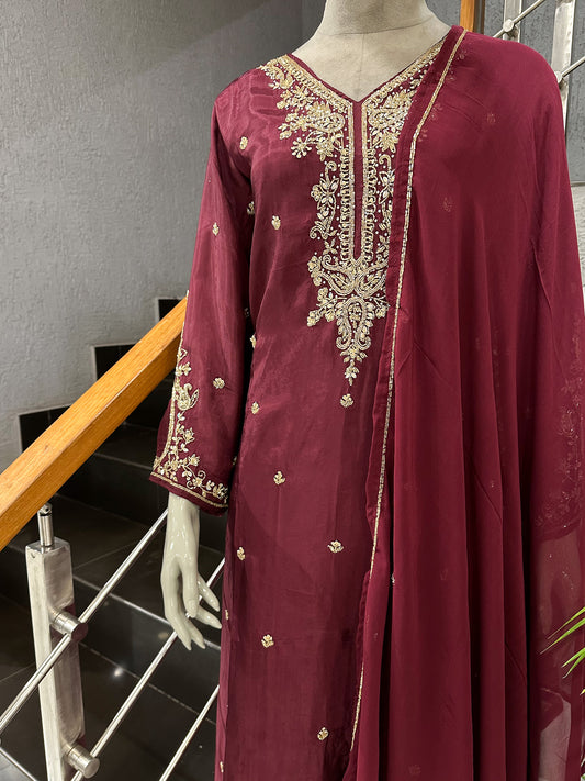 Wine Antique Embroidered Churidar Set with Plazo & Organza Dupatta | Premium Party Wear