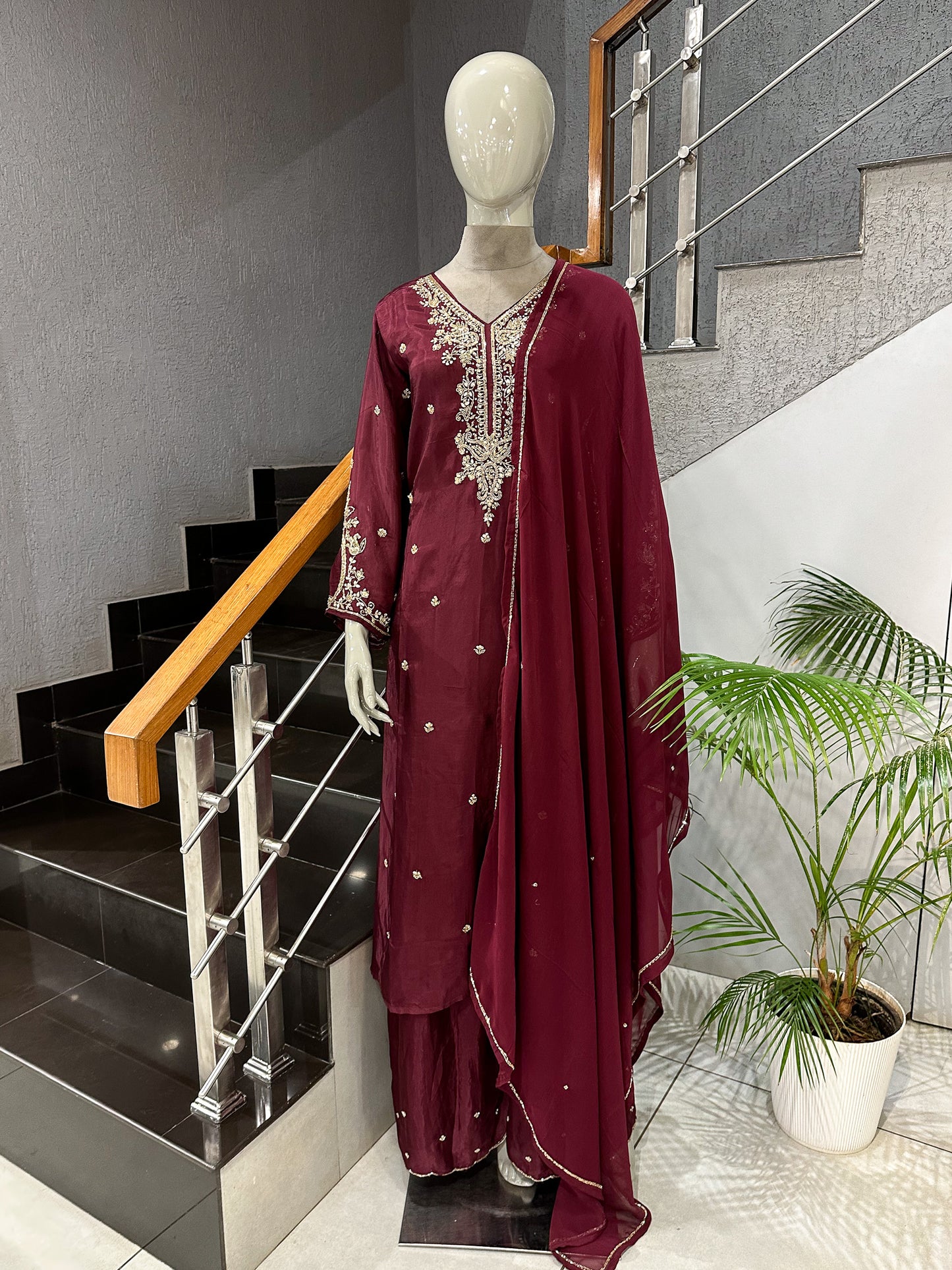 Wine Antique Embroidered Churidar Set with Plazo & Organza Dupatta | Premium Party Wear