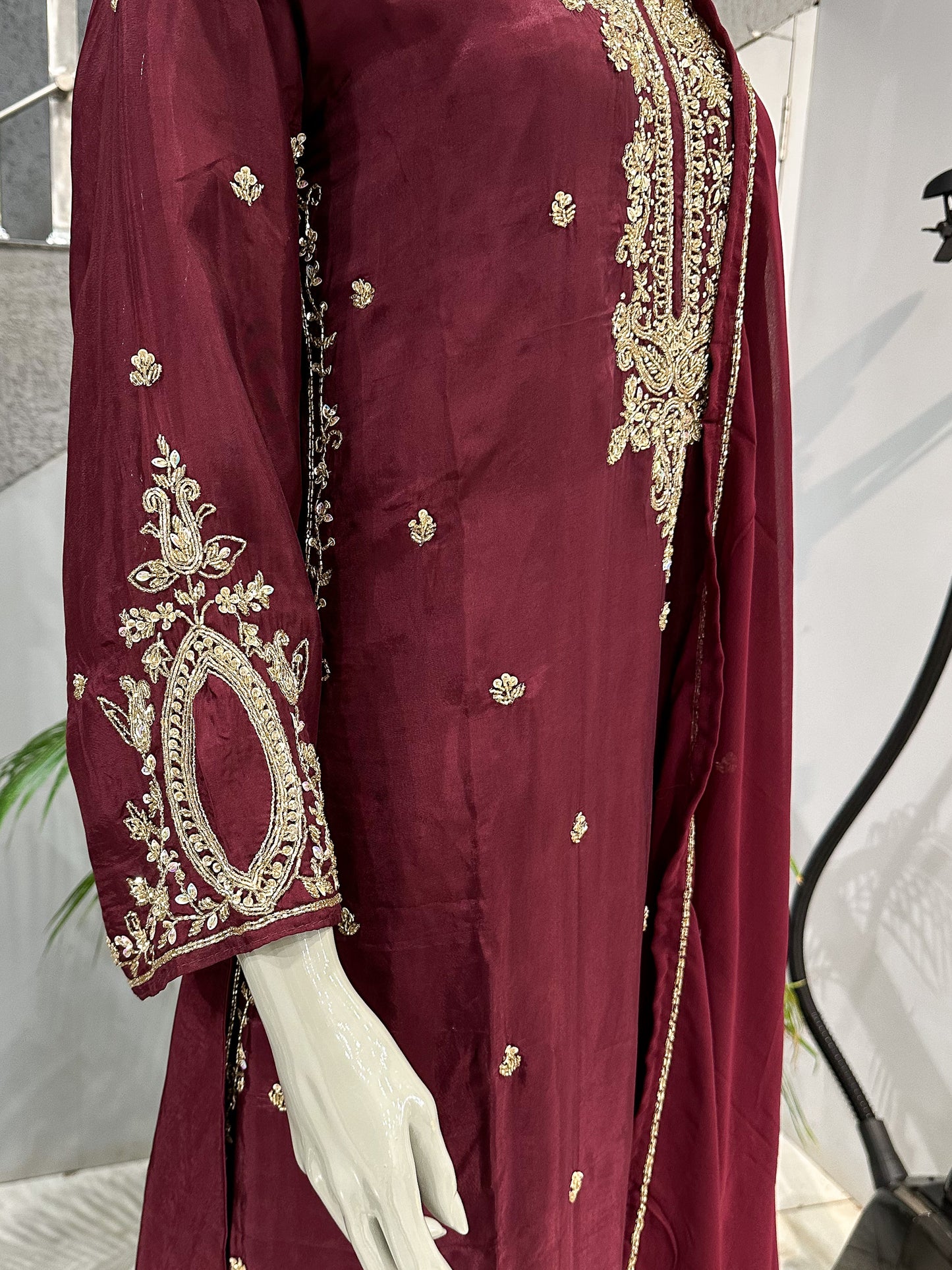 Wine Antique Embroidered Churidar Set with Plazo & Organza Dupatta | Premium Party Wear
