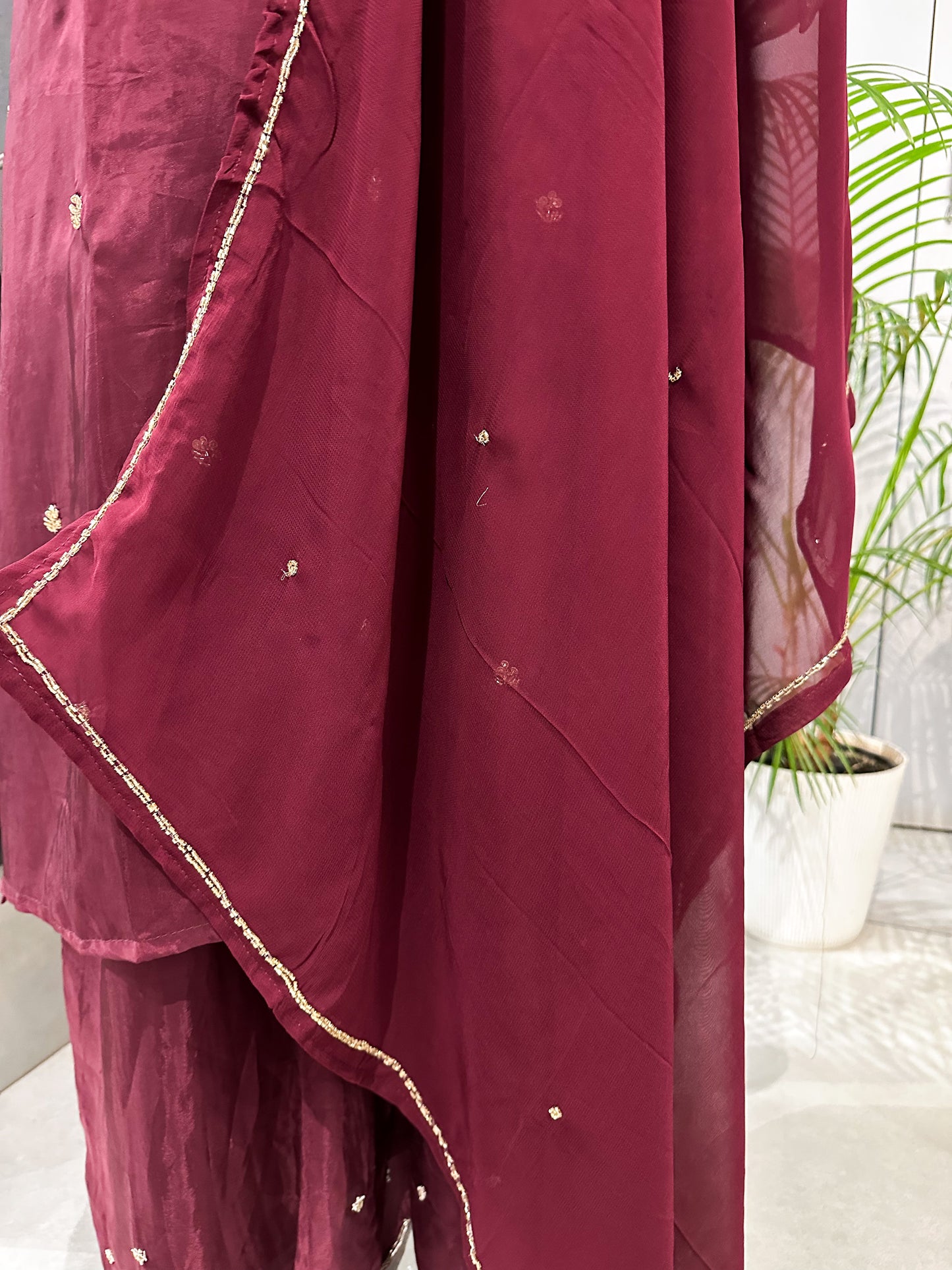 Wine Antique Embroidered Churidar Set with Plazo & Organza Dupatta | Premium Party Wear