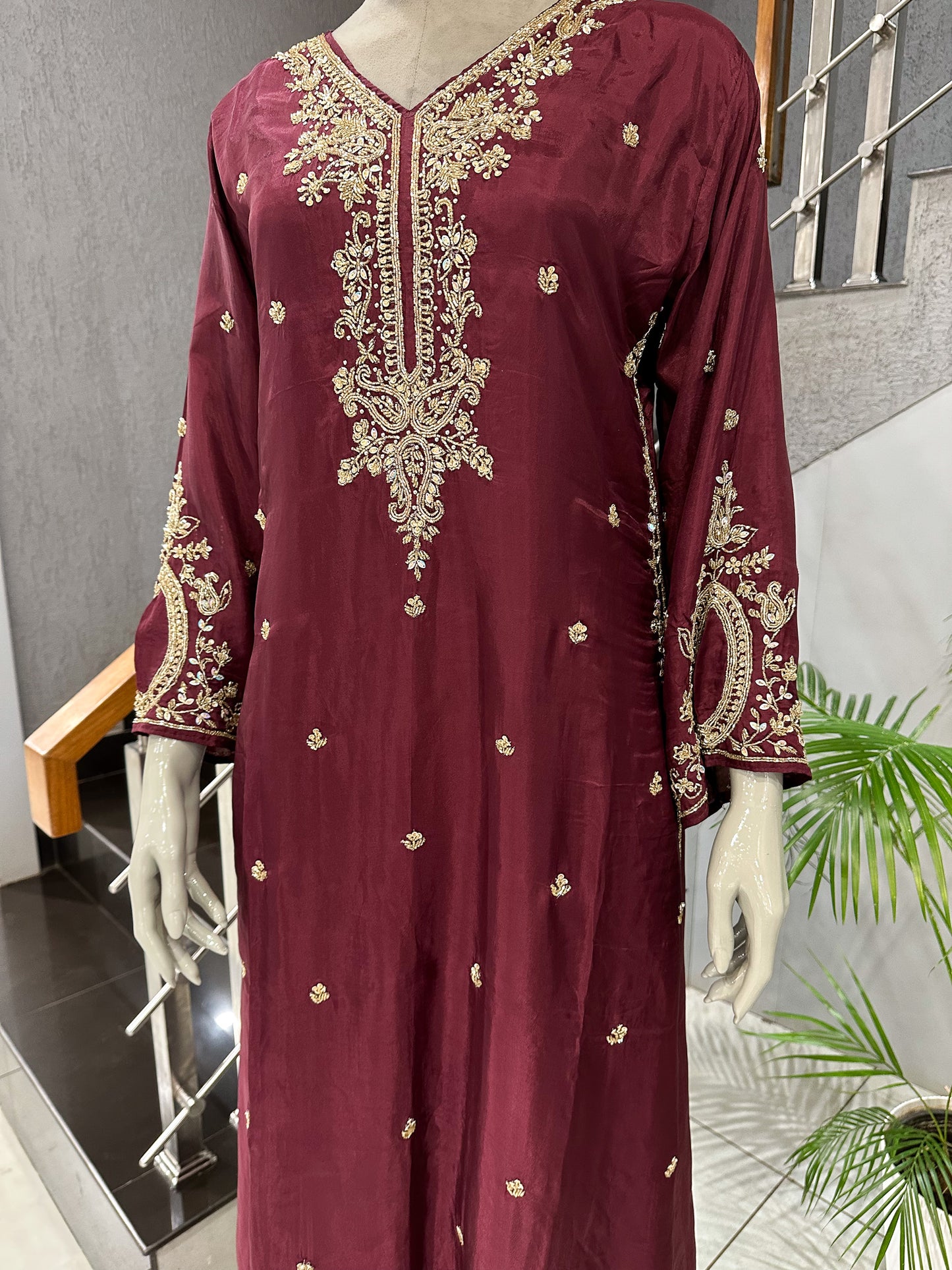 Wine Antique Embroidered Churidar Set with Plazo & Organza Dupatta | Premium Party Wear