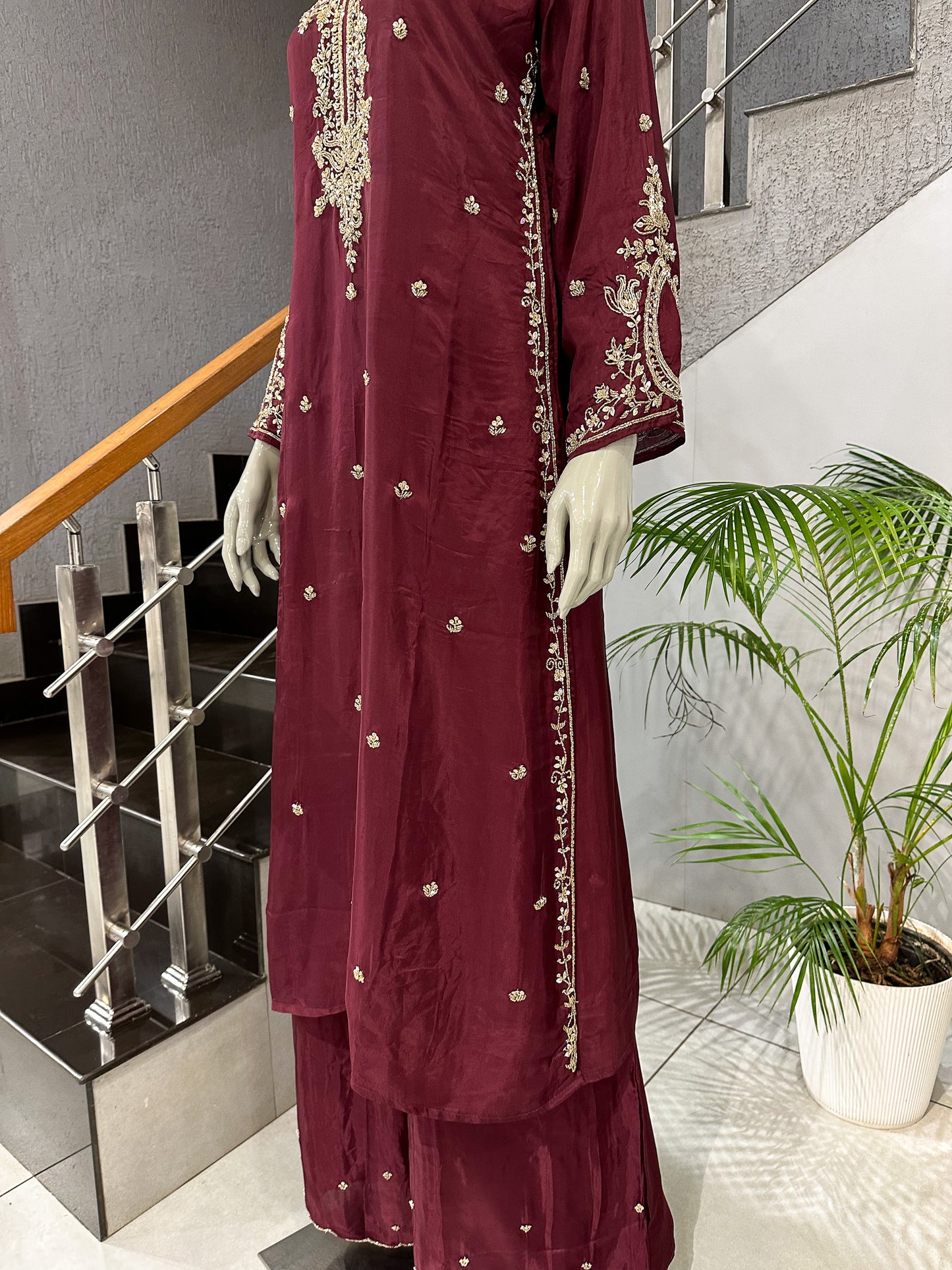 Wine Antique Embroidered Churidar Set with Plazo & Organza Dupatta | Premium Party Wear