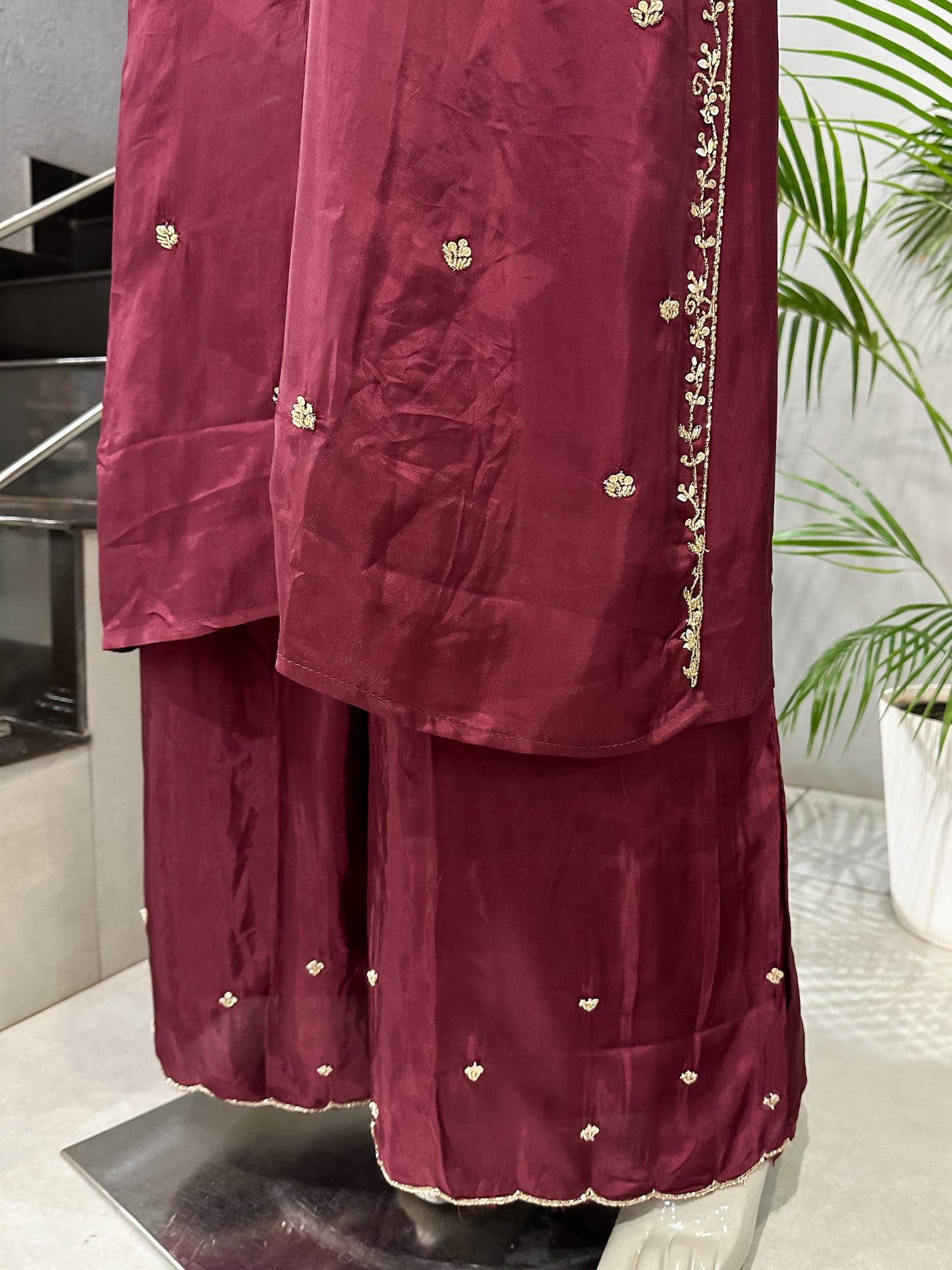 Wine Antique Embroidered Churidar Set with Plazo & Organza Dupatta | Premium Party Wear
