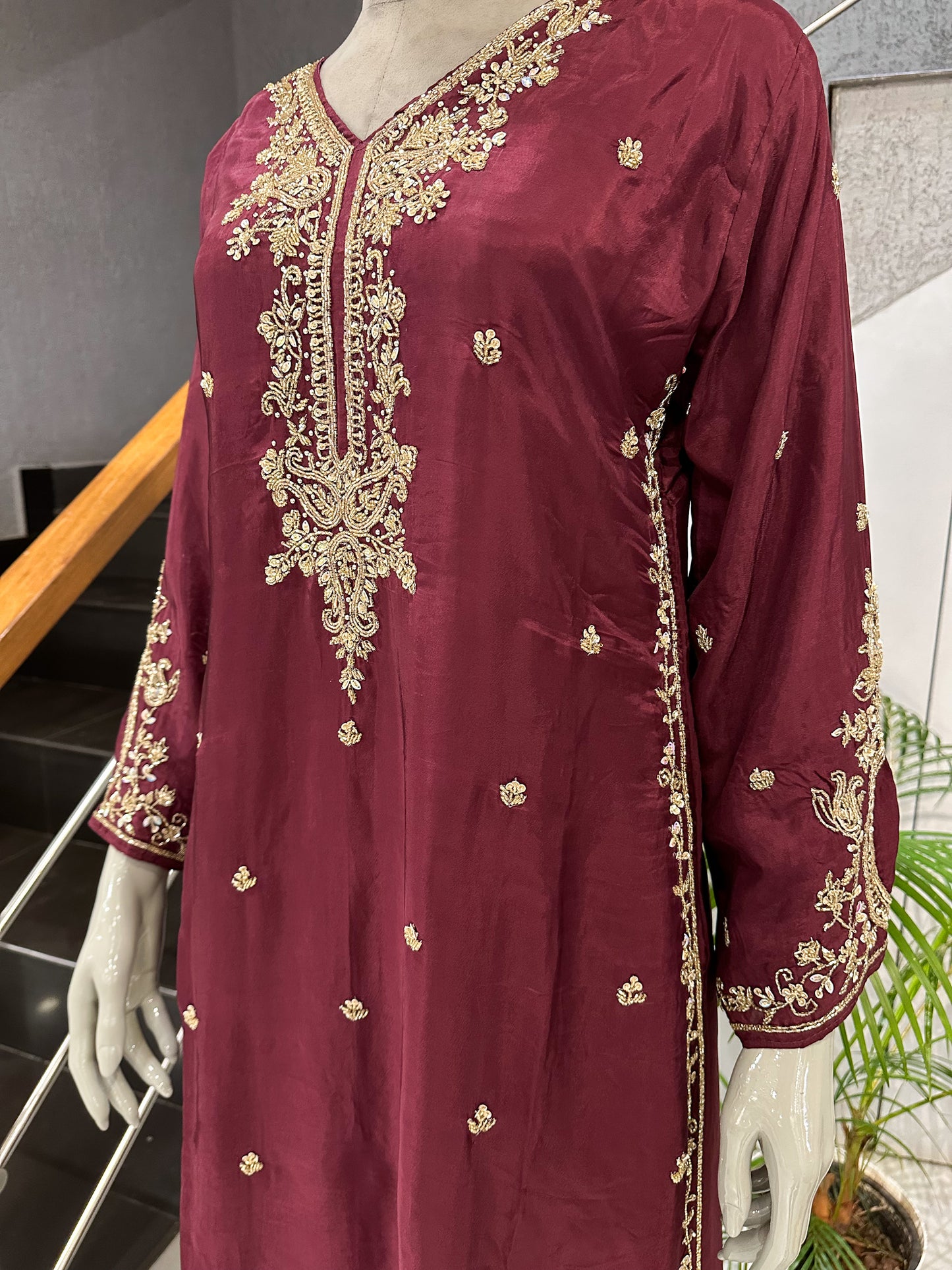 Wine Antique Embroidered Churidar Set with Plazo & Organza Dupatta | Premium Party Wear