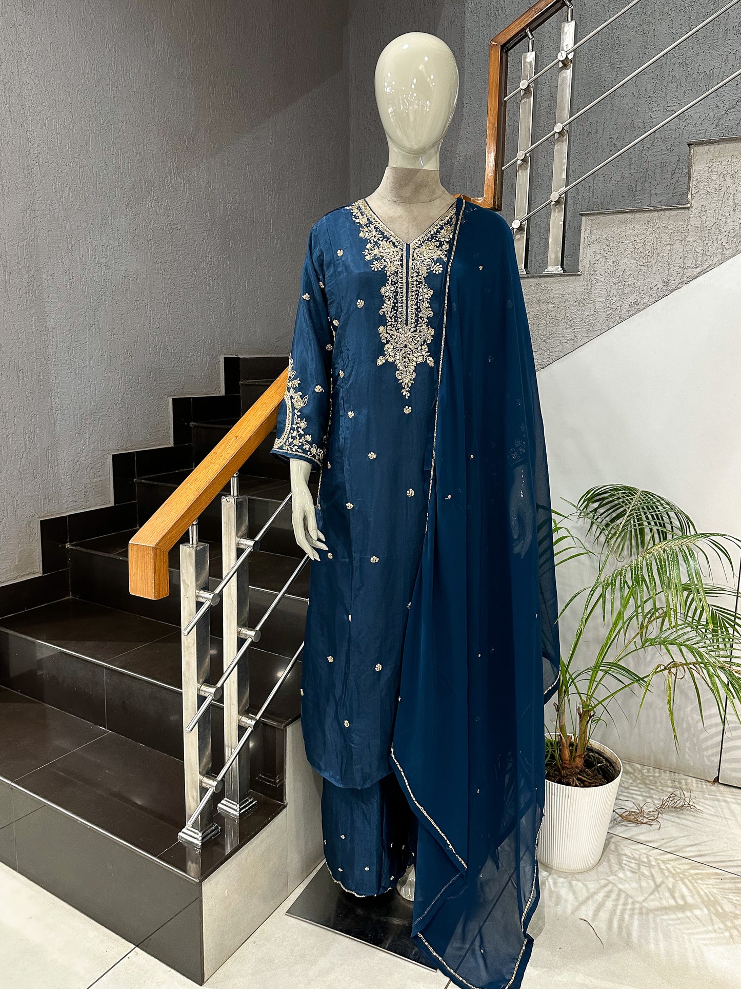 Deep Teal Antique Embroidered Churidar Set with Plazo & Organza Dupatta | Premium Party Wear