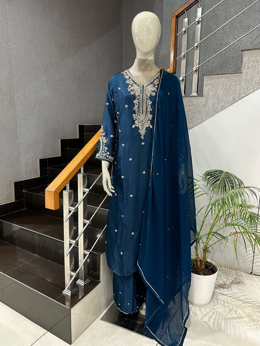 Deep Teal Antique Embroidered Churidar Set with Plazo & Organza Dupatta | Premium Party Wear