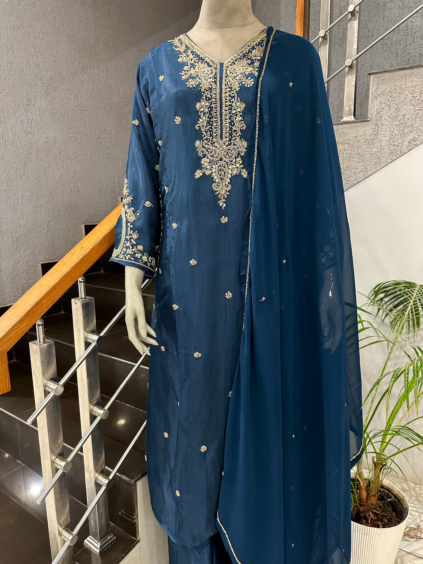 Deep Teal Antique Embroidered Churidar Set with Plazo & Organza Dupatta | Premium Party Wear