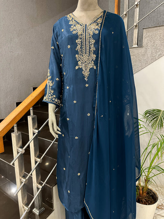 Deep Teal Antique Embroidered Churidar Set with Plazo & Organza Dupatta | Premium Party Wear