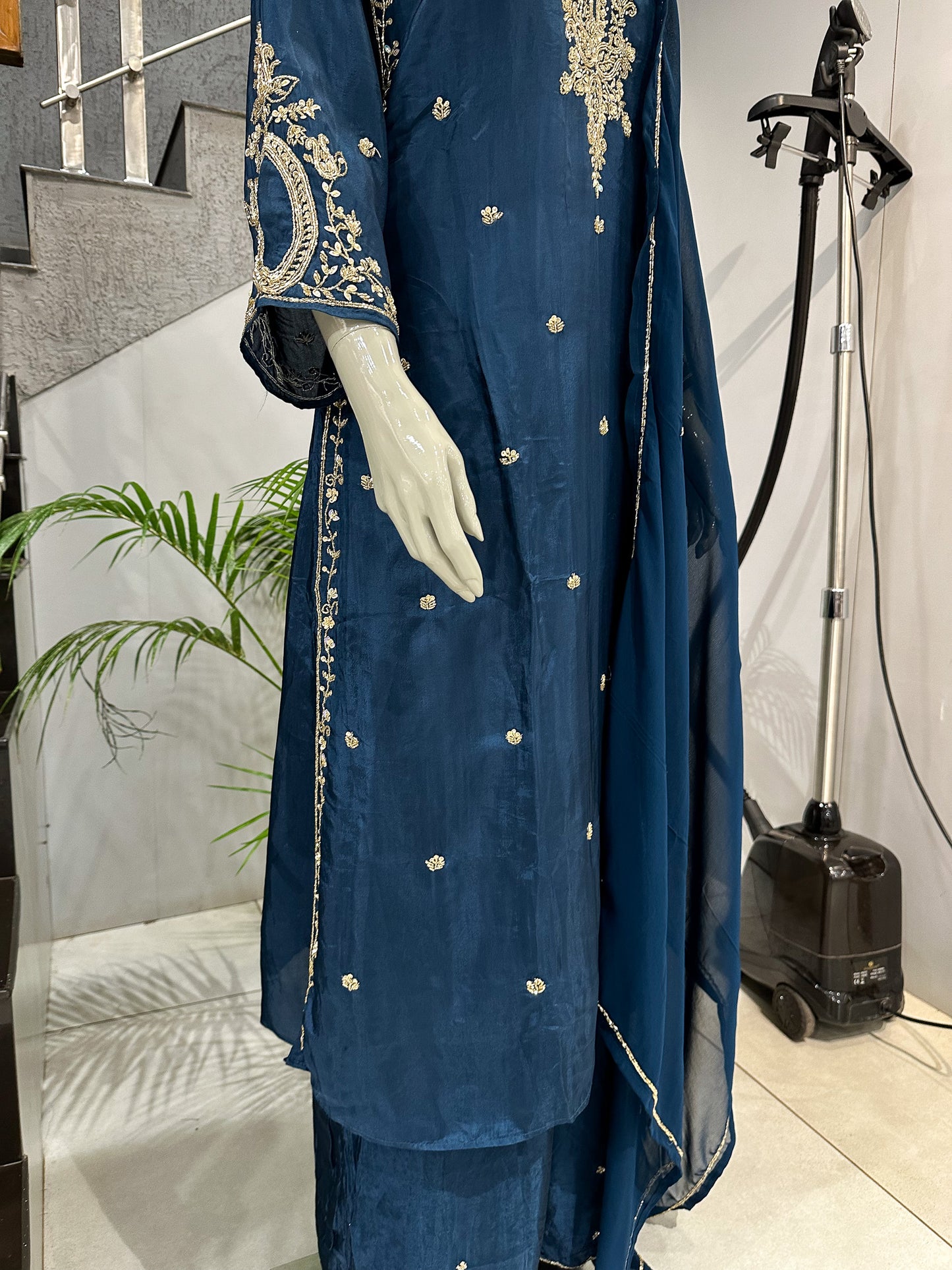 Deep Teal Antique Embroidered Churidar Set with Plazo & Organza Dupatta | Premium Party Wear