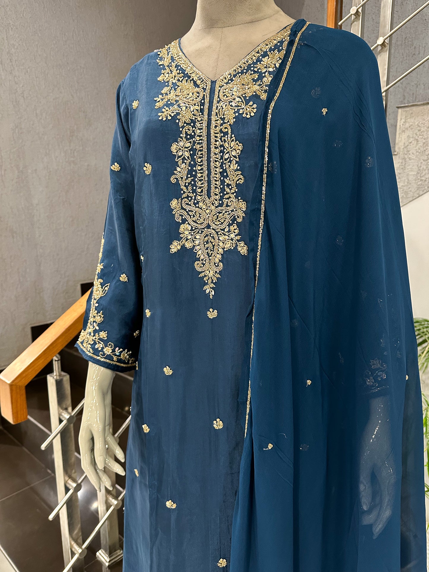 Deep Teal Antique Embroidered Churidar Set with Plazo & Organza Dupatta | Premium Party Wear