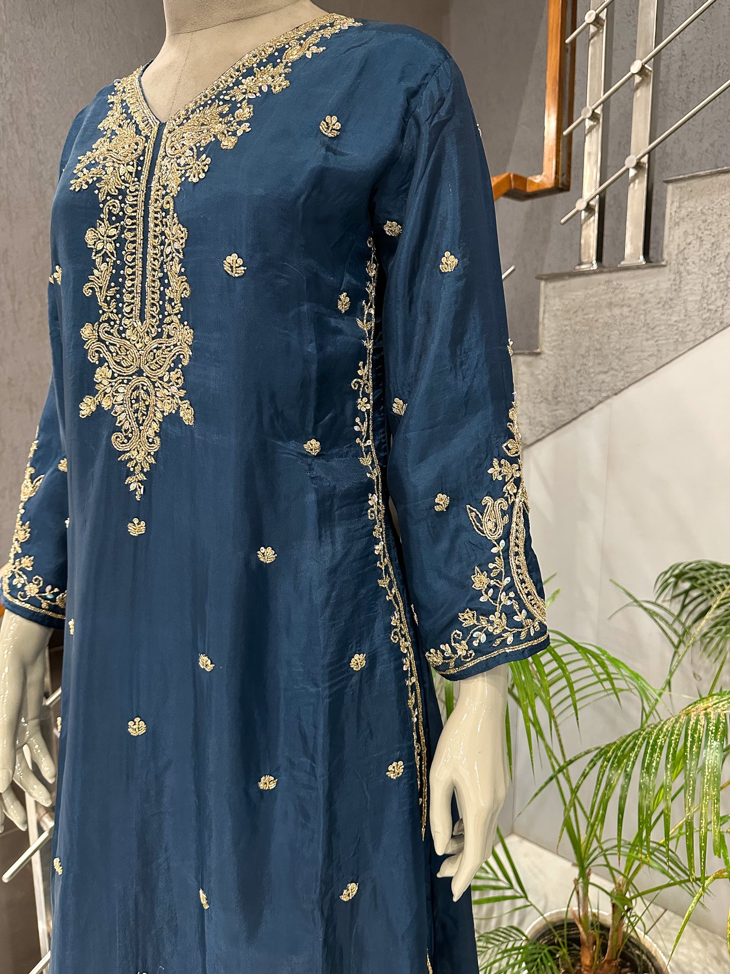 Deep Teal Antique Embroidered Churidar Set with Plazo & Organza Dupatta | Premium Party Wear