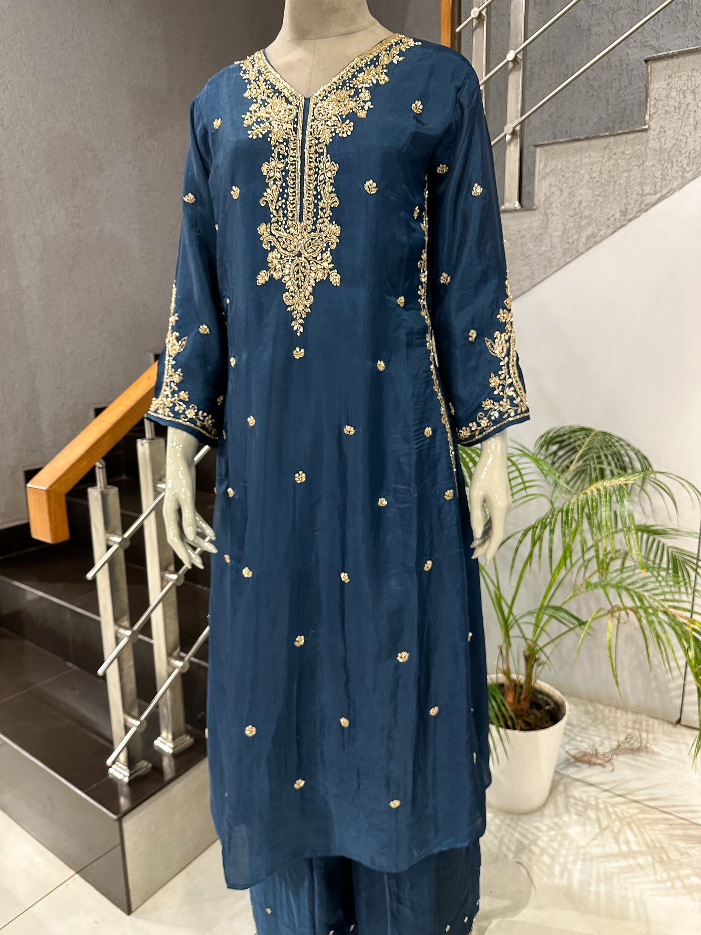 Deep Teal Antique Embroidered Churidar Set with Plazo & Organza Dupatta | Premium Party Wear