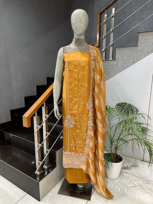 Mustard Gold Shimmer Unstitched Churidar Set with Embroidered Dupatta | Festive Designer Fabric