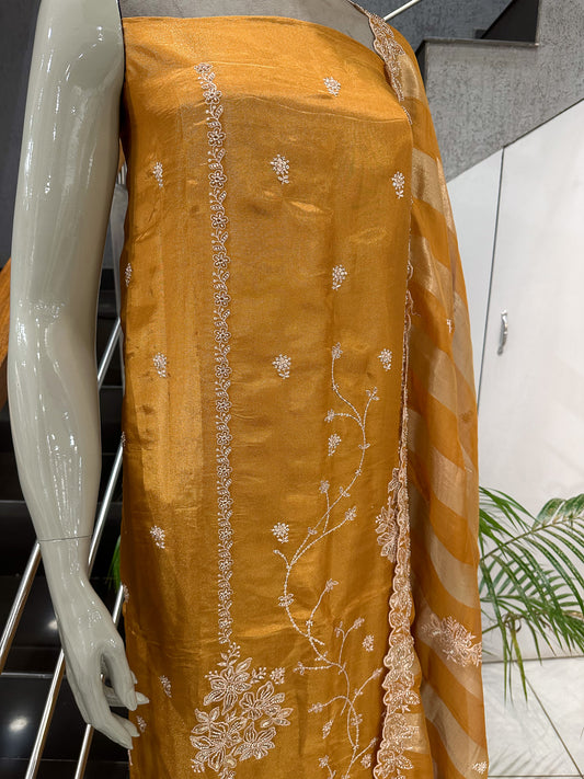 Mustard Gold Shimmer Unstitched Churidar Set with Embroidered Dupatta | Festive Designer Fabric