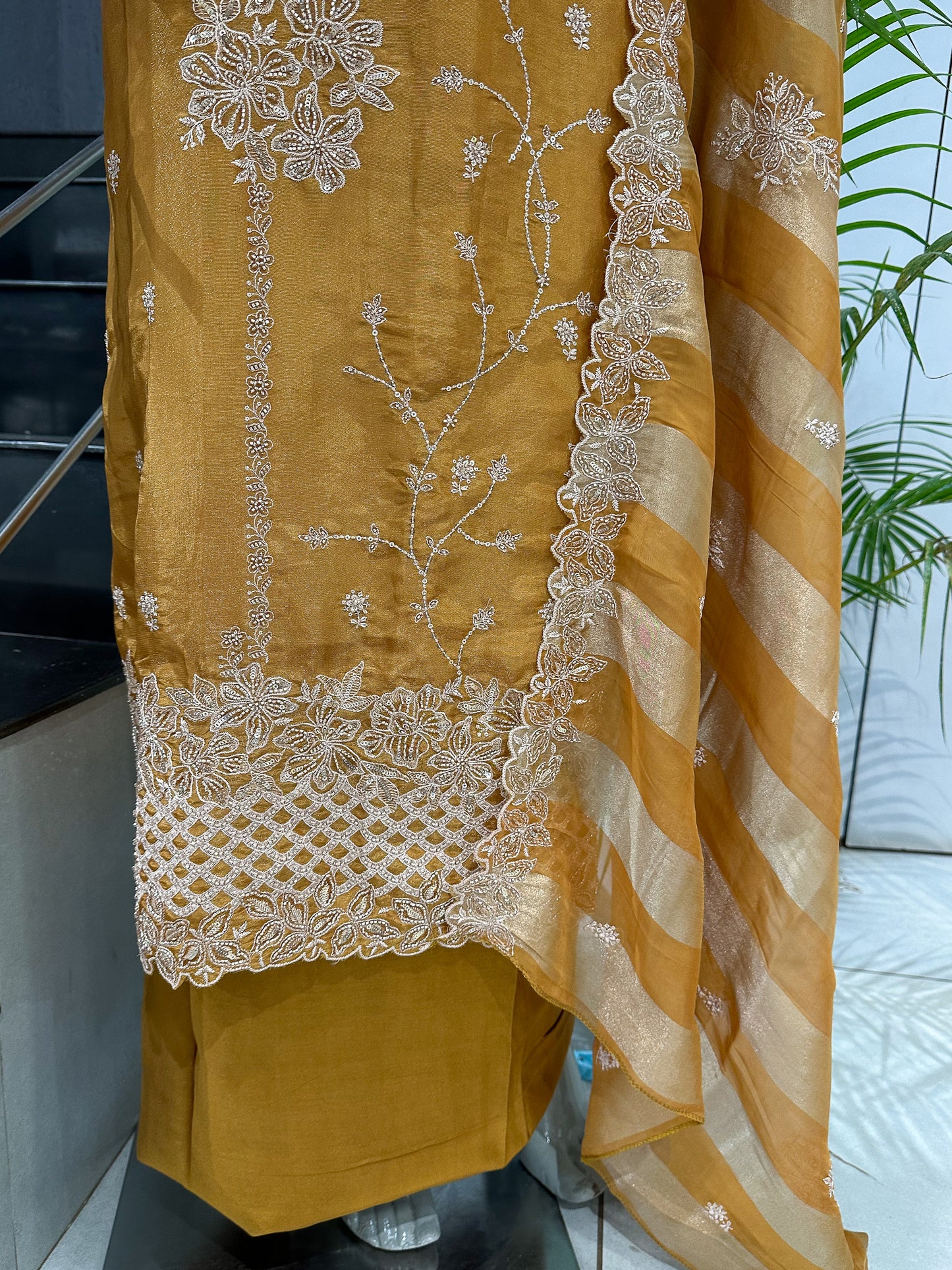 Mustard Gold Shimmer Unstitched Churidar Set with Embroidered Dupatta | Festive Designer Fabric