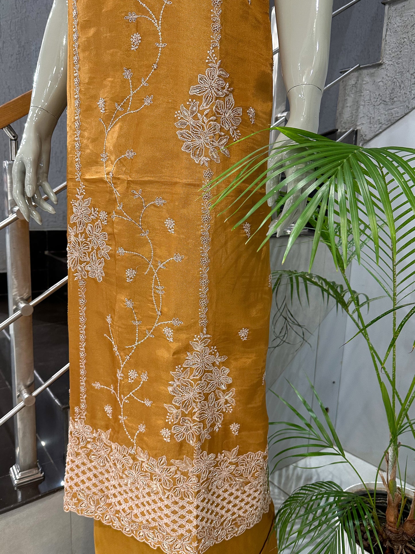 Mustard Gold Shimmer Unstitched Churidar Set with Embroidered Dupatta | Festive Designer Fabric