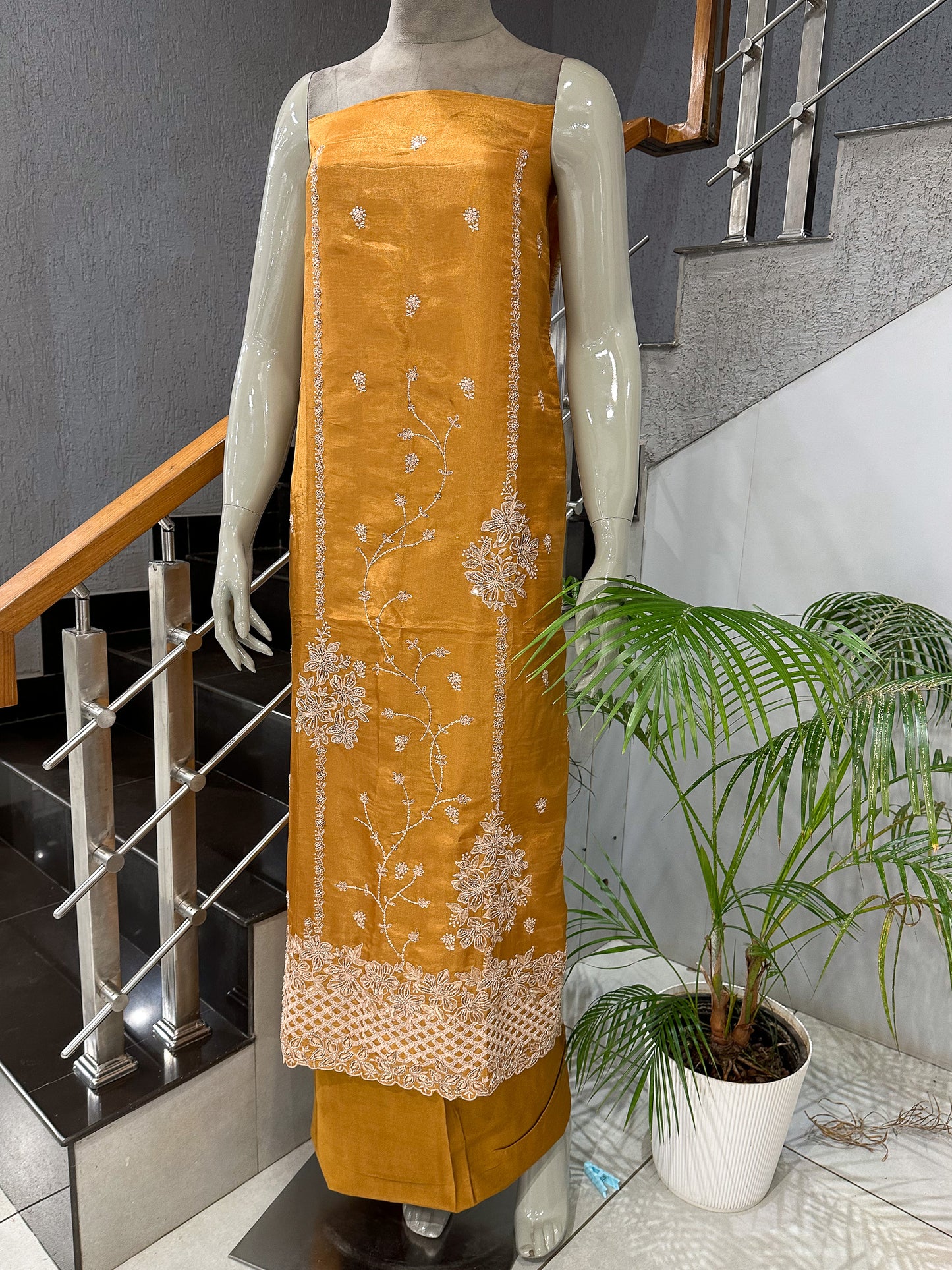 Mustard Gold Shimmer Unstitched Churidar Set with Embroidered Dupatta | Festive Designer Fabric