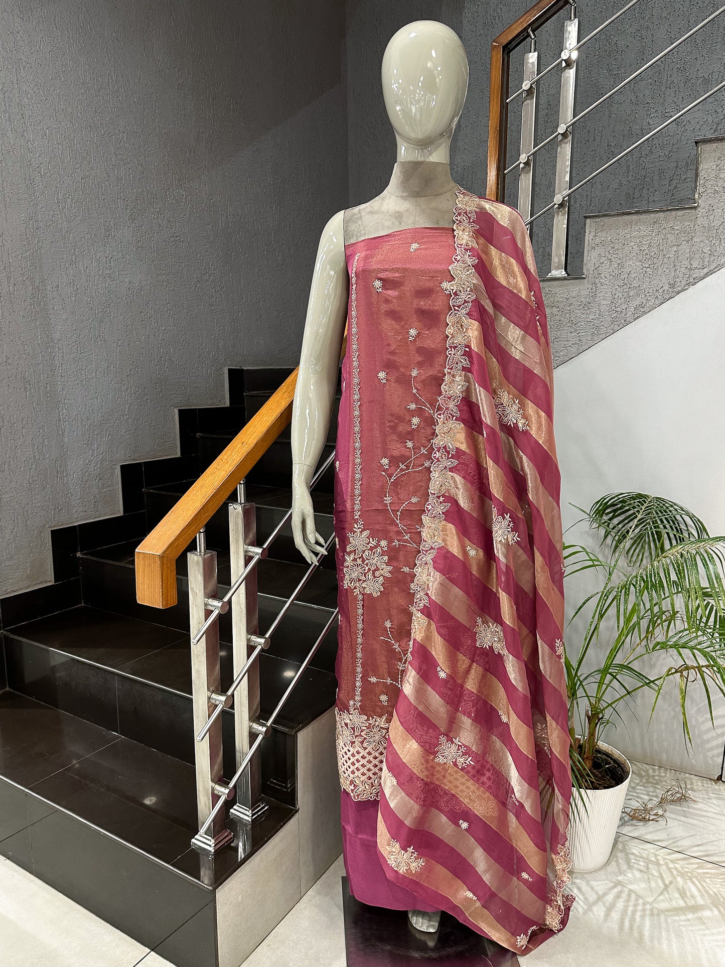 Rose Pink Shimmer Unstitched Churidar Set with Embroidered Dupatta & Russian Silk Bottom