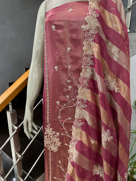 Rose Pink Shimmer Unstitched Churidar Set with Embroidered Dupatta & Russian Silk Bottom