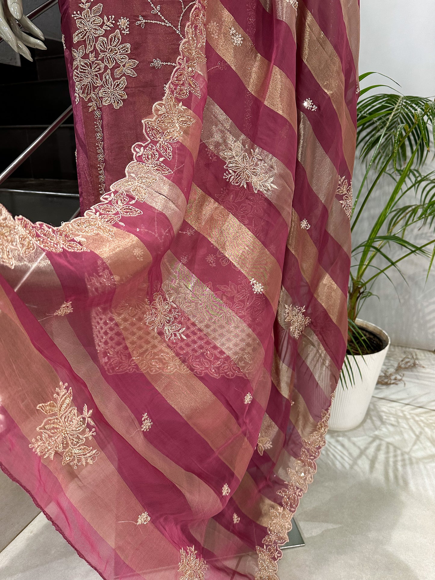 Rose Pink Shimmer Unstitched Churidar Set with Embroidered Dupatta & Russian Silk Bottom