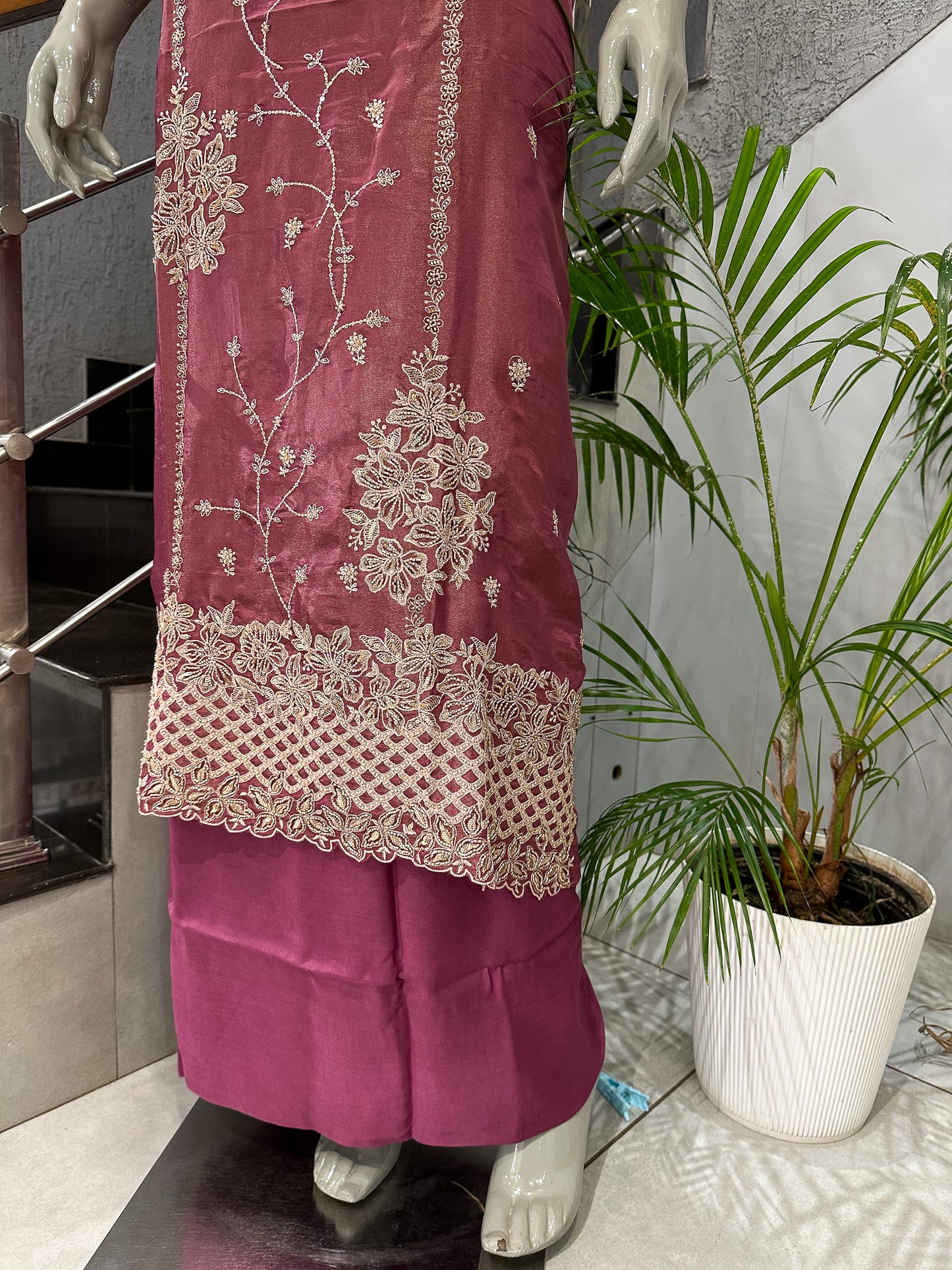 Rose Pink Shimmer Unstitched Churidar Set with Embroidered Dupatta & Russian Silk Bottom