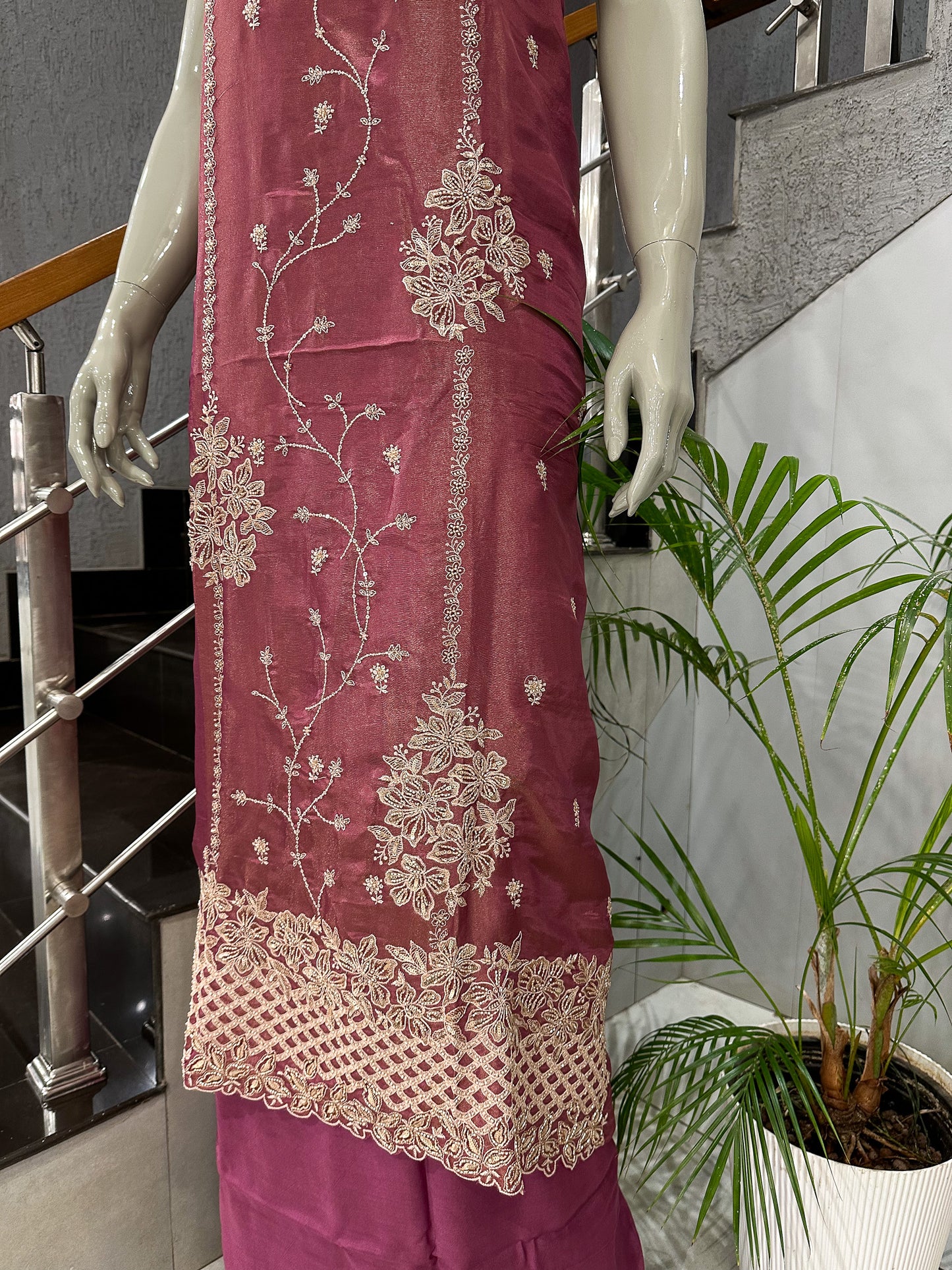 Rose Pink Shimmer Unstitched Churidar Set with Embroidered Dupatta & Russian Silk Bottom