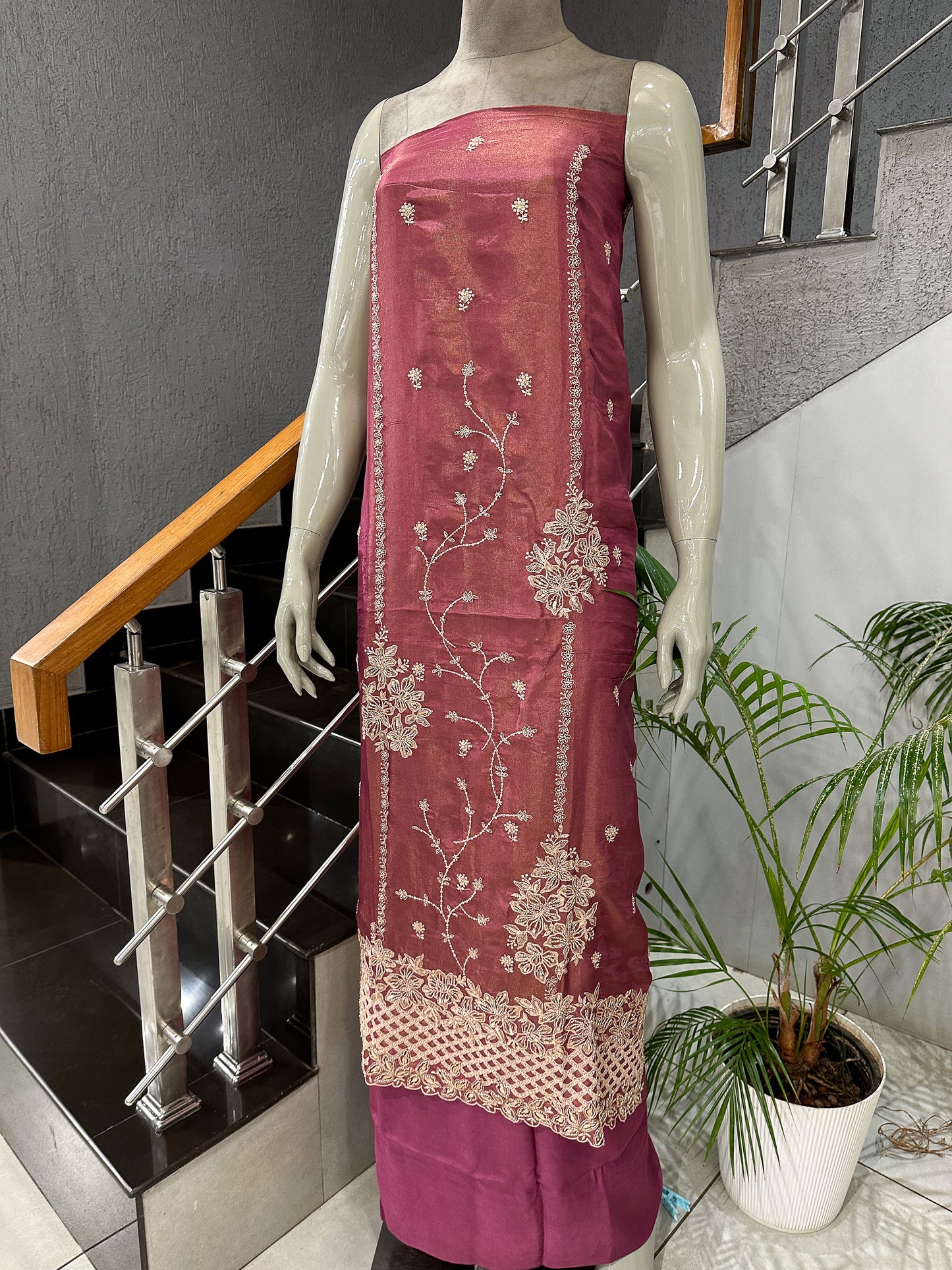 Rose Pink Shimmer Unstitched Churidar Set with Embroidered Dupatta & Russian Silk Bottom