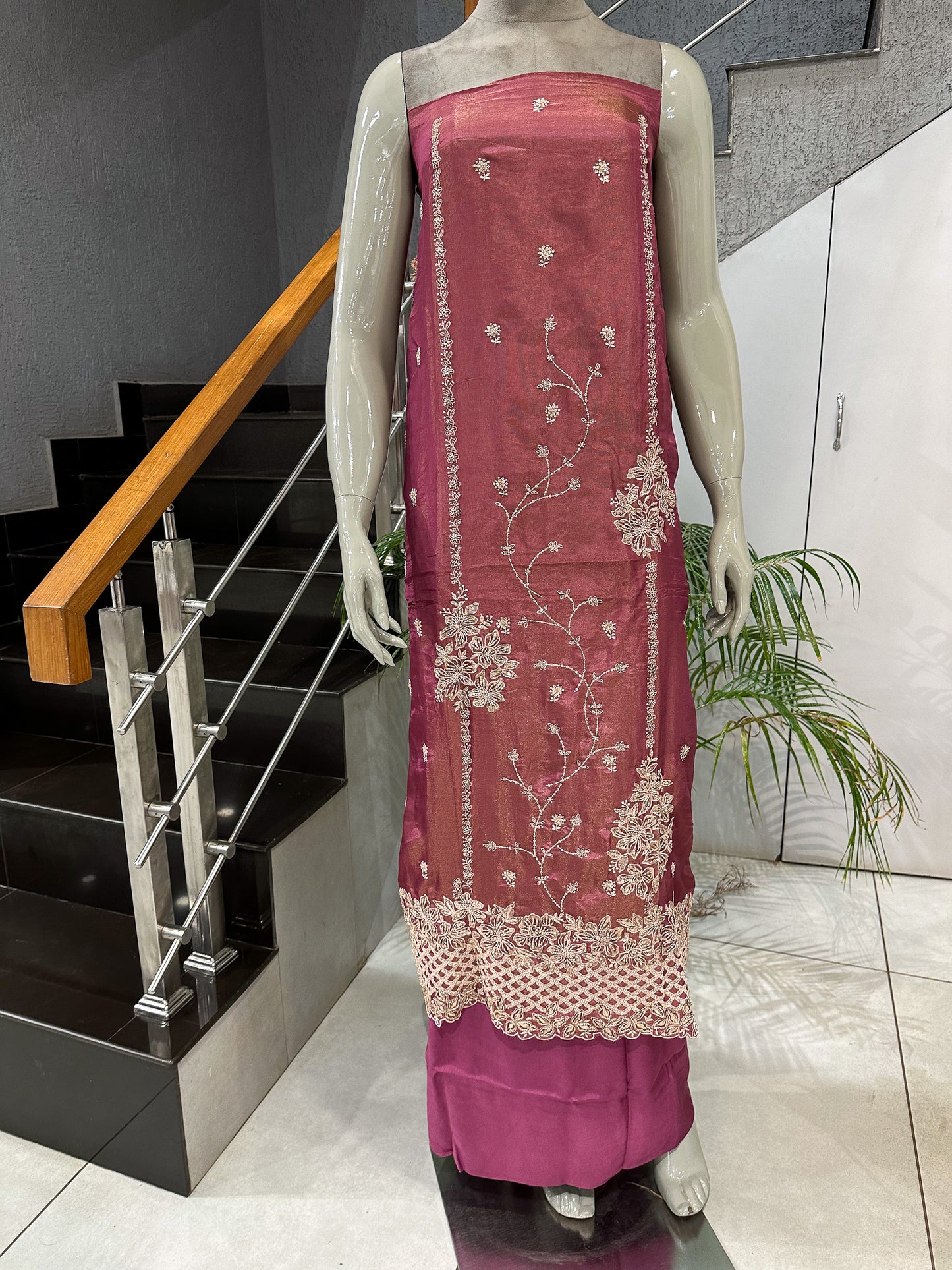 Rose Pink Shimmer Unstitched Churidar Set with Embroidered Dupatta & Russian Silk Bottom
