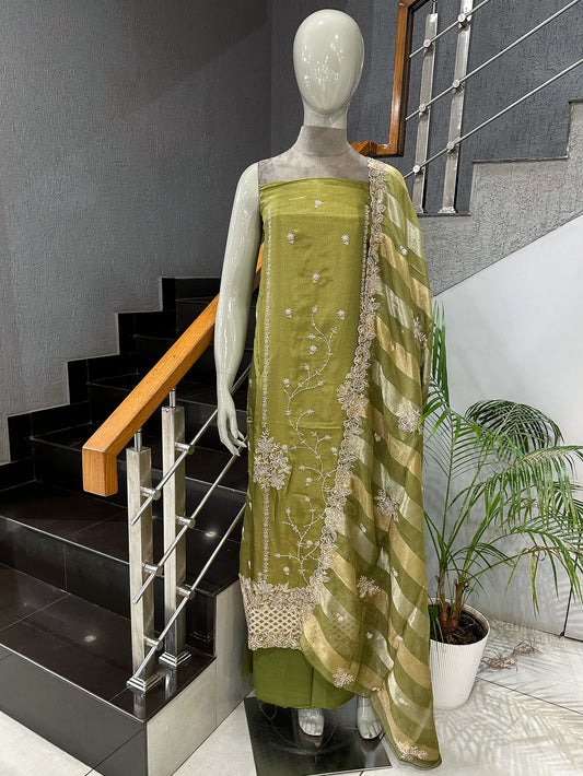 Olive Green Shimmer Unstitched Churidar Set with Embroidered Dupatta & Russian Silk Bottom